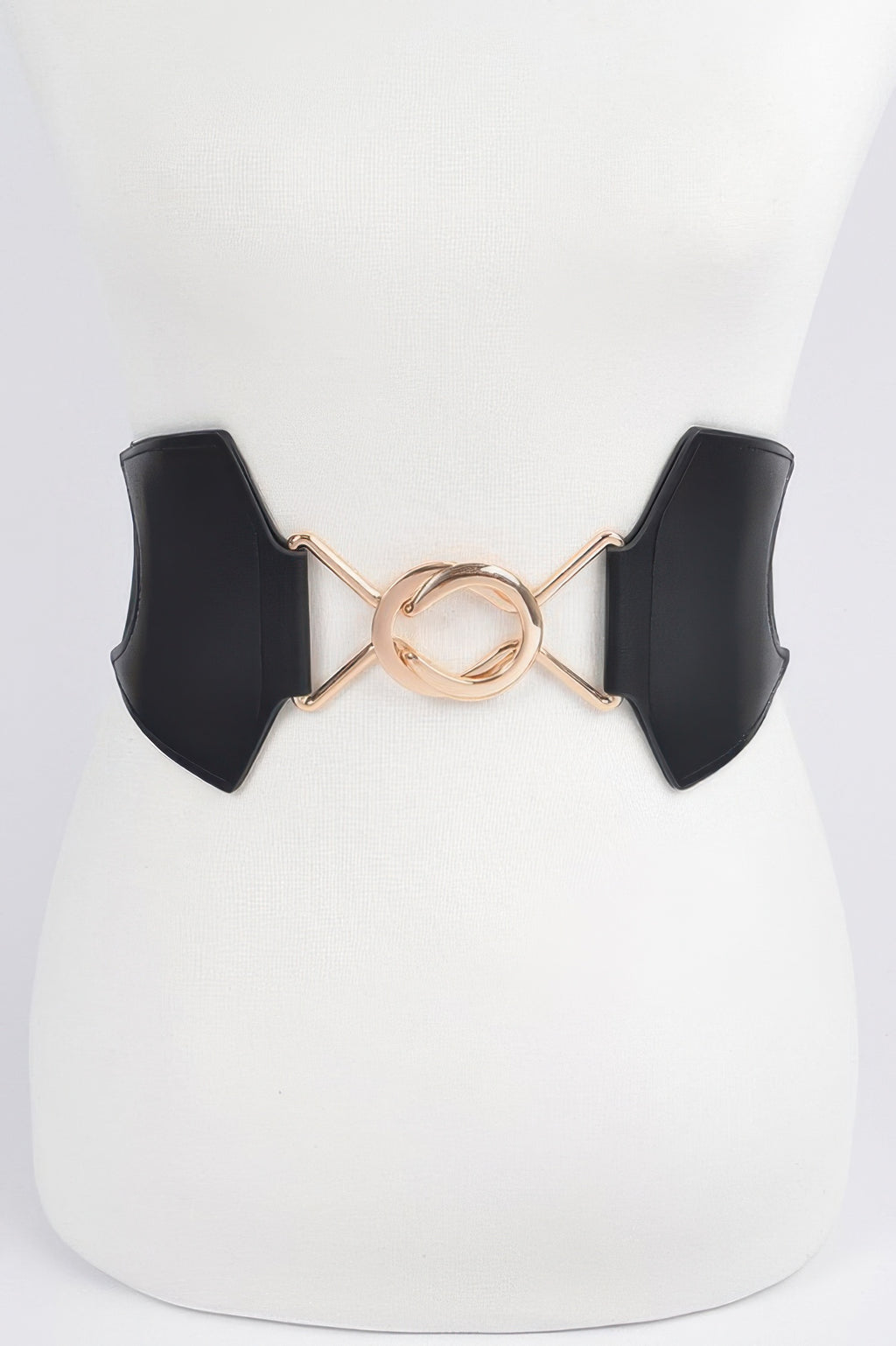 Faux-Leder Plus-Size Gürtel, schwarz, mit goldfarbenem Ring-Detail und Haken