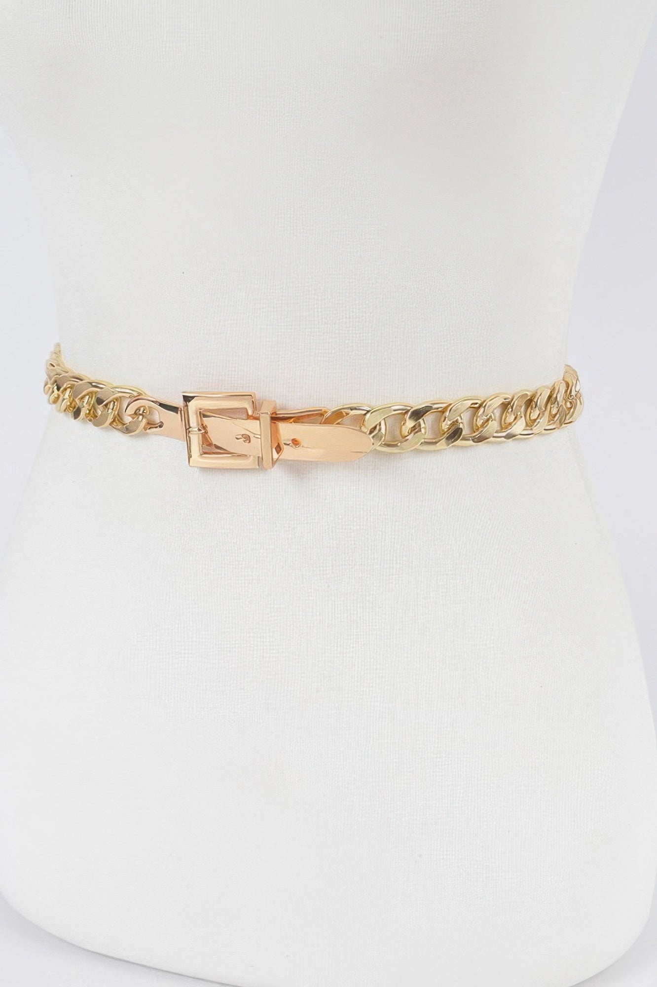 Gold chain belt with center square-ish plate buckle clasp