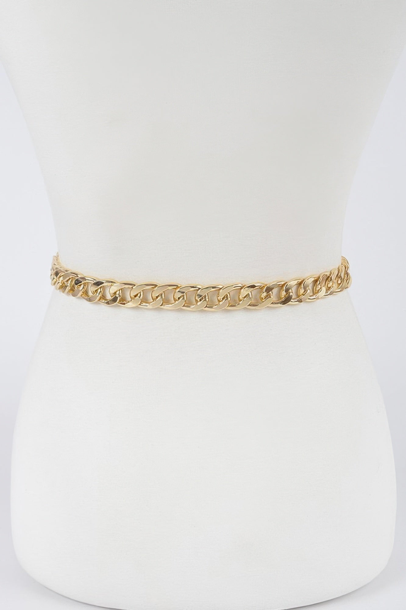 Gold link chain belt, flat band with no visible front clasp