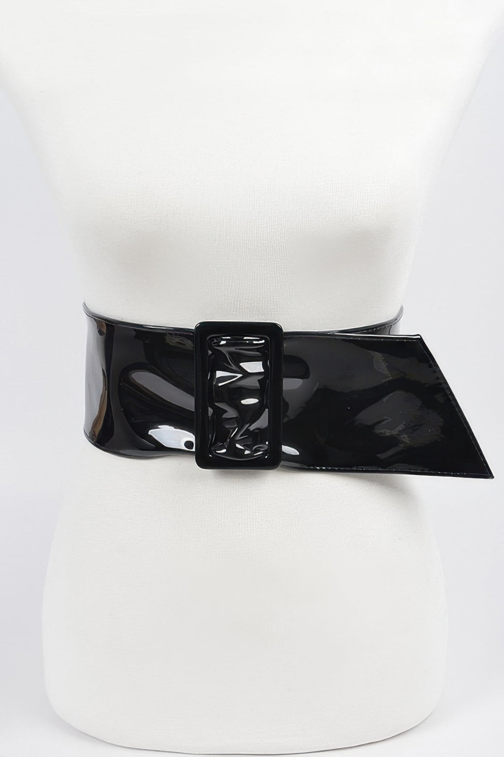 Leather crossbody strap clutch, black glossy belt with square buckle detail