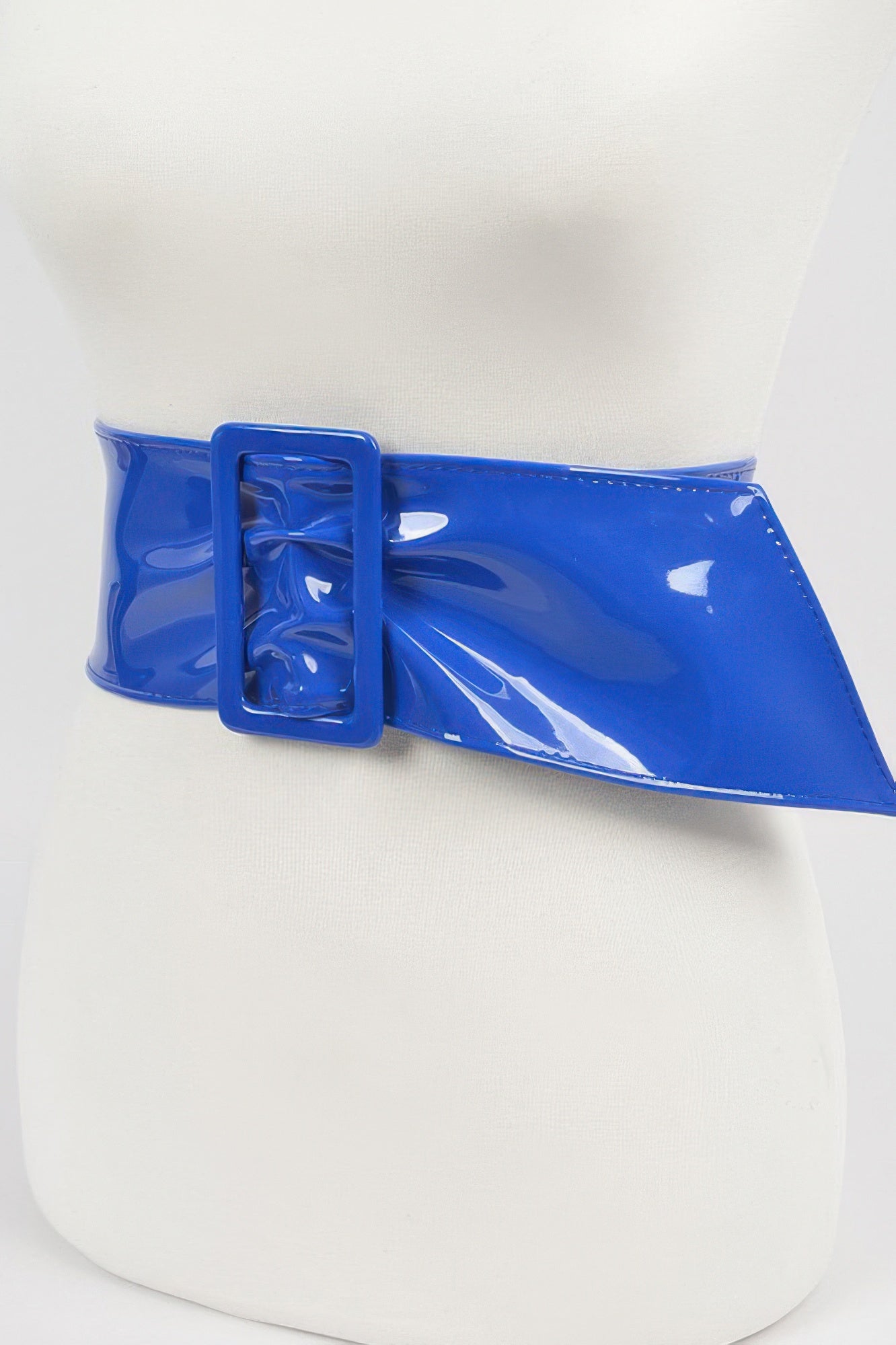 Leather crossbody strap clutch, cobalt glossy belt with square buckle and side flap