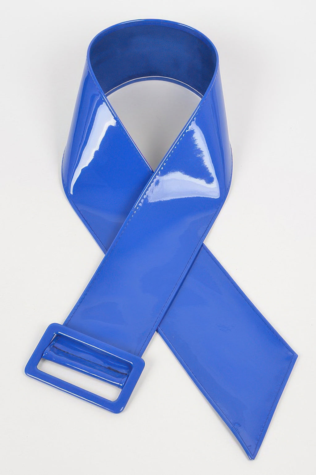 Leather crossbody strap clutch, cobalt glossy strap with long end and square buckle