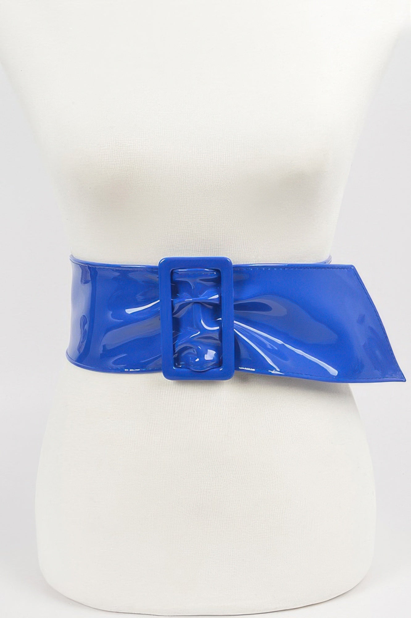 Leather crossbody strap clutch, cobalt glossy belt with square buckle centered