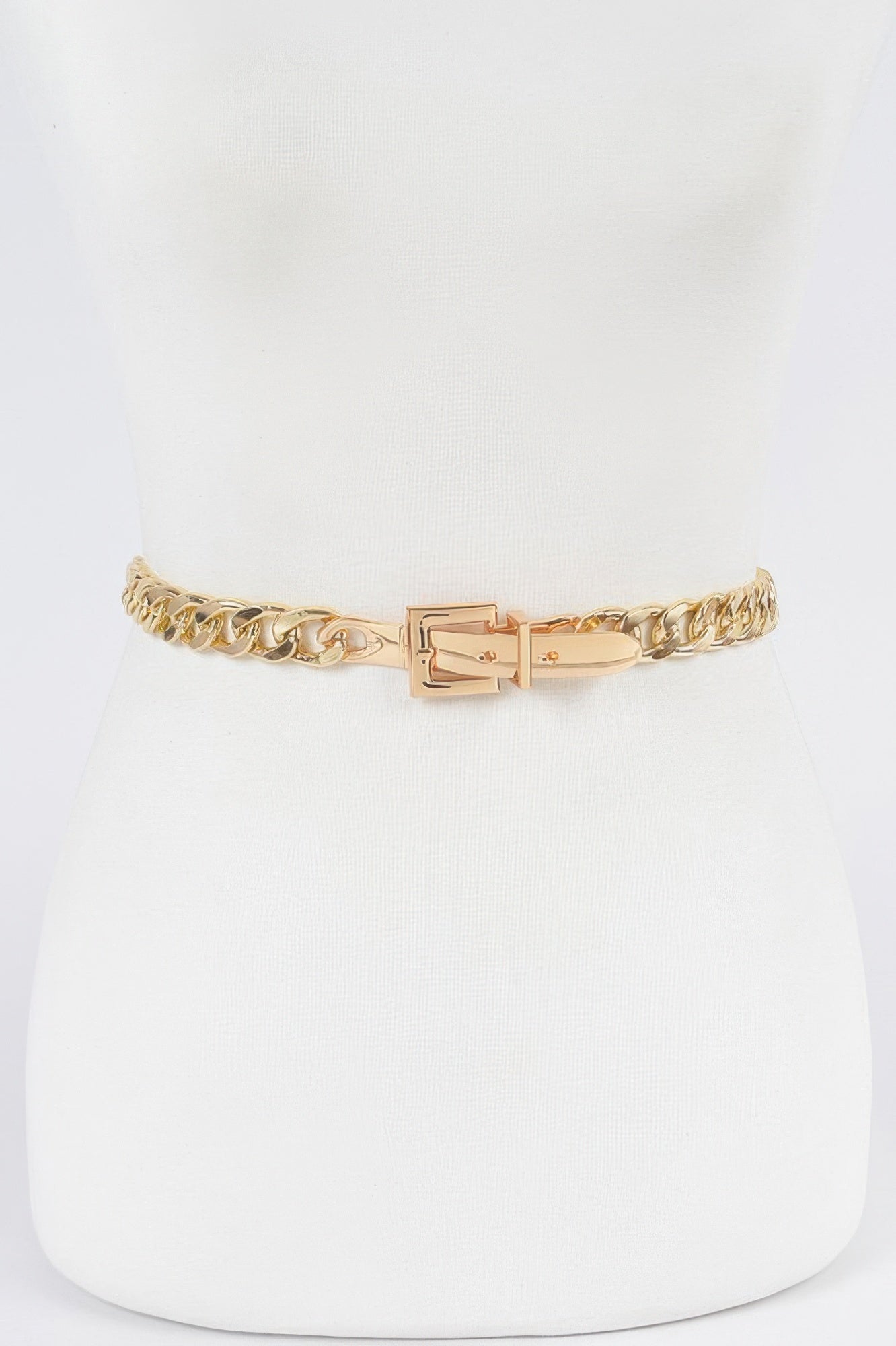 Gold chain belt with rectangular buckle and center clasp