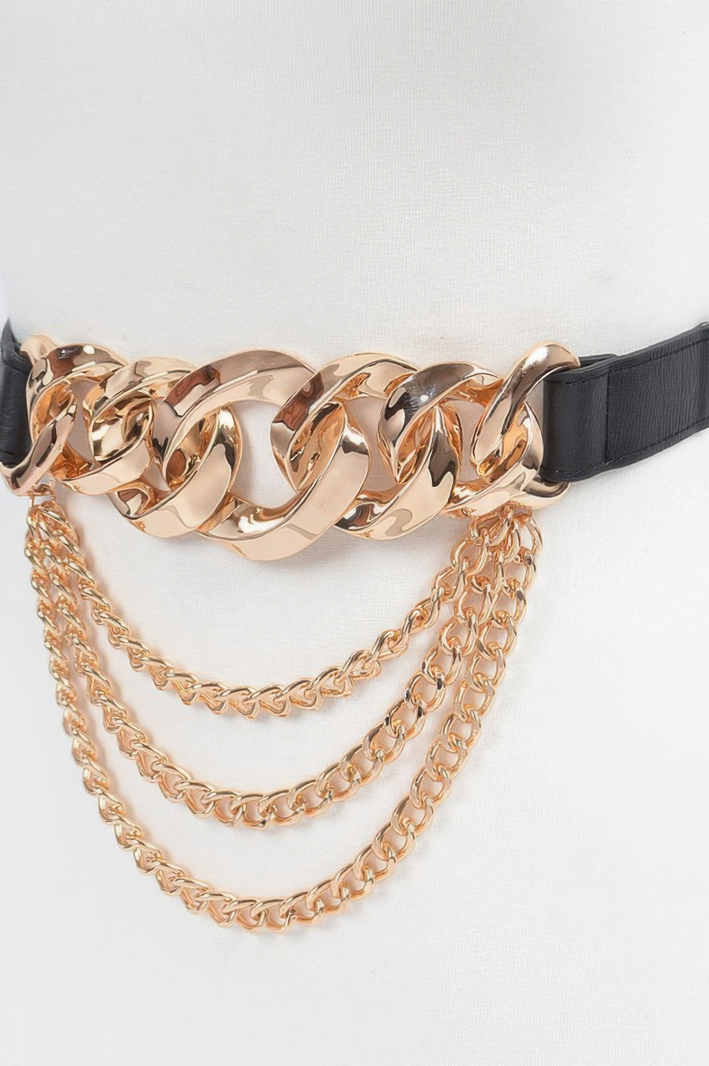 Ketten-Buckle-Gürtel mit breitem schwarzem Verschluss und mehrlagigen goldenen Ketten