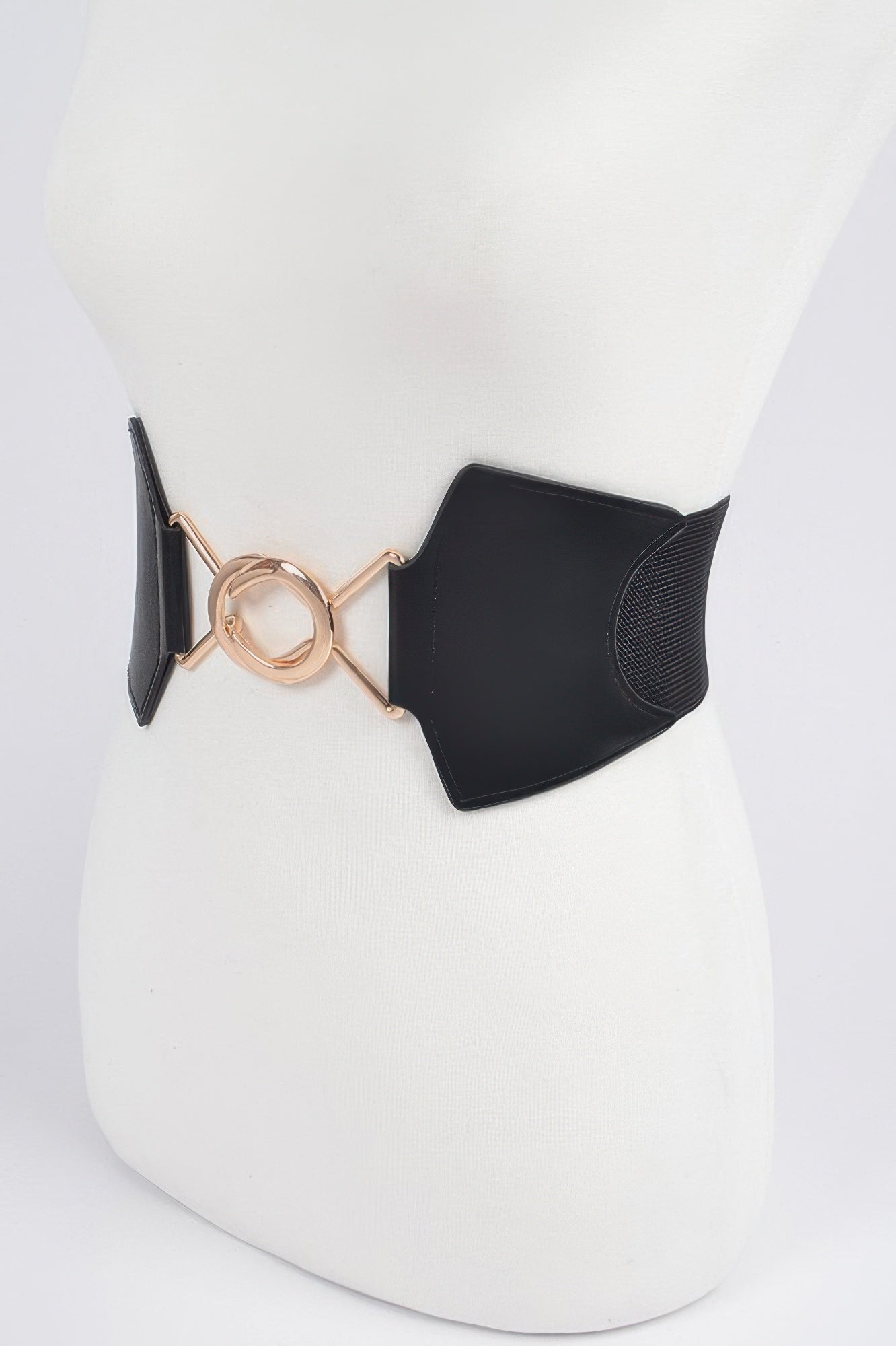 Black faux leather wide elastic belt with gold-tone ring buckle, angled front view