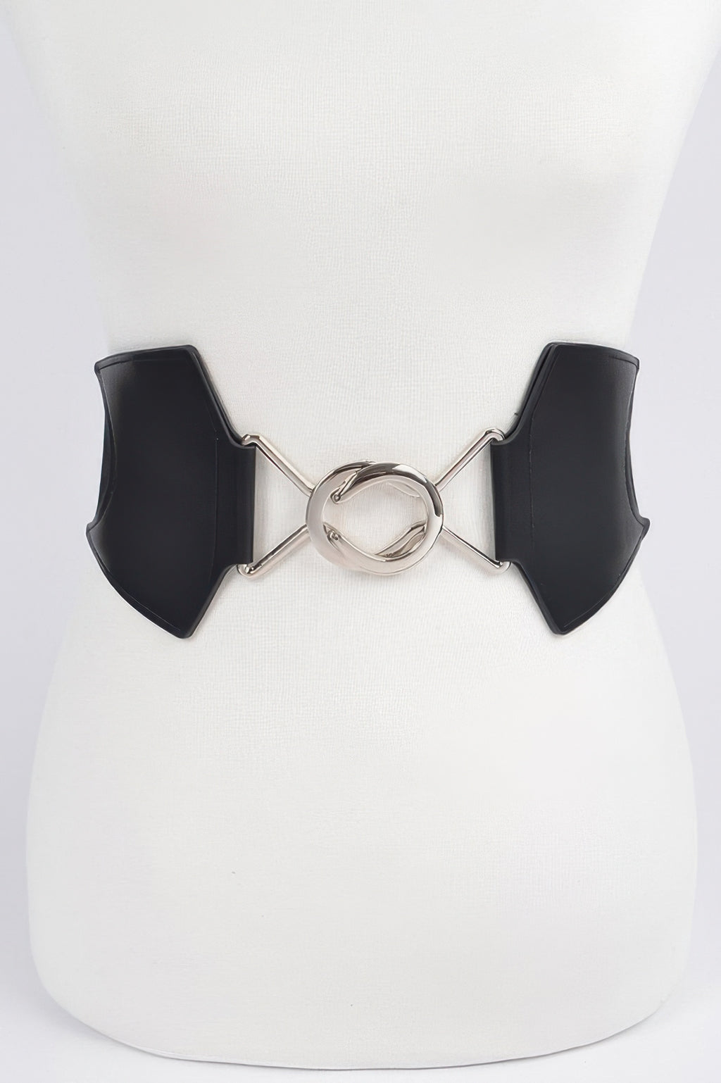 Black faux leather wide elastic belt with gold-tone ring buckle and split ends