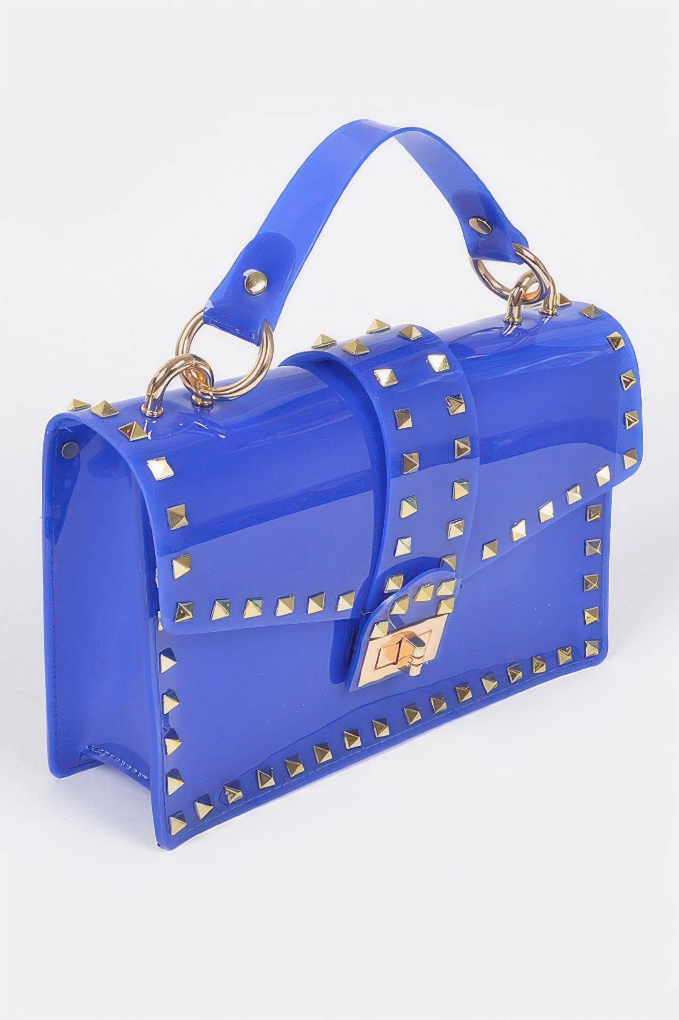 Cobalt transparent handbag clutch with gold studs, chain handles, and front flap