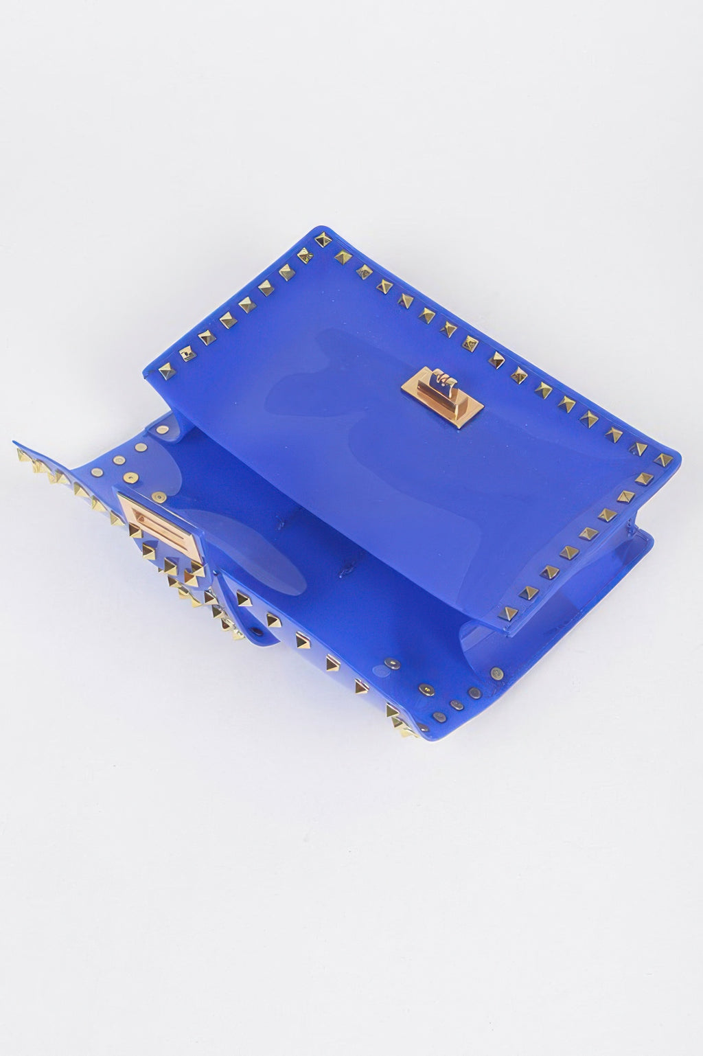 Cobalt transparent clutch with gold studs and square front lock detail