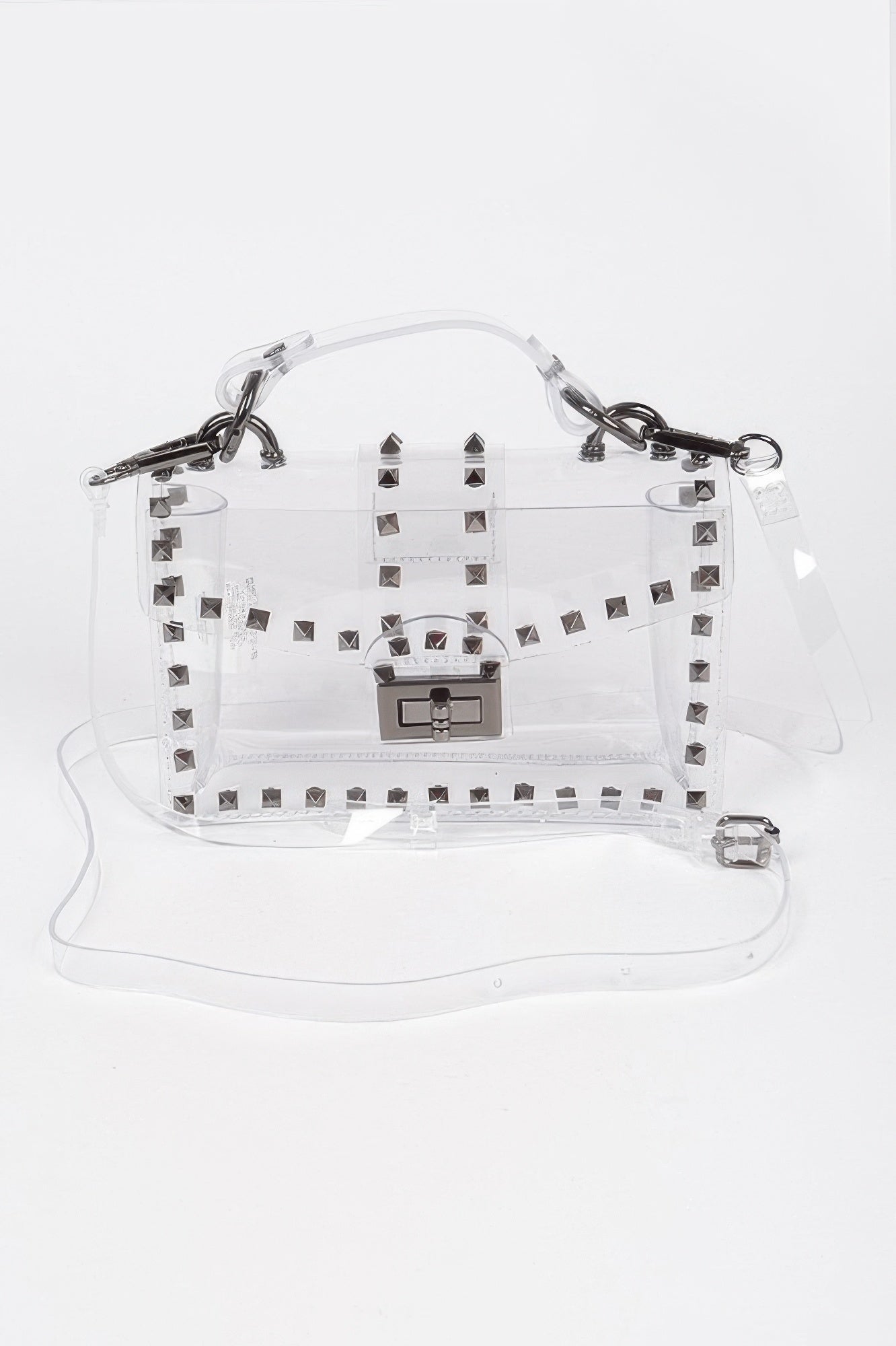 Clear transparent top-handle bag with hematite studs and front lock clasp
