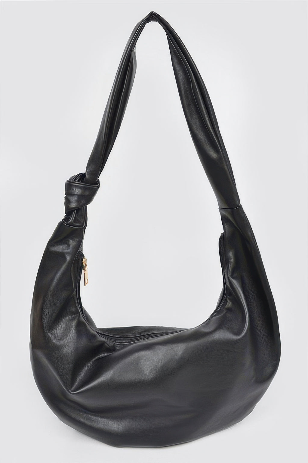 Faux leather hobo bag in black, slouchy crescent shape with short top handles