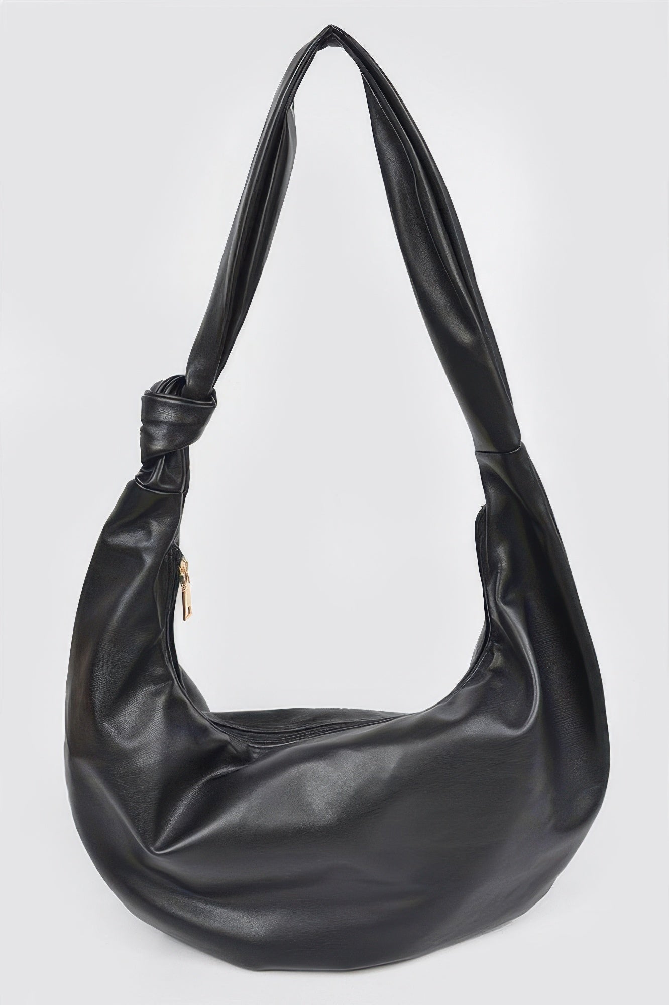 Faux leather hobo bag in black, slouchy crescent shape with short top handles