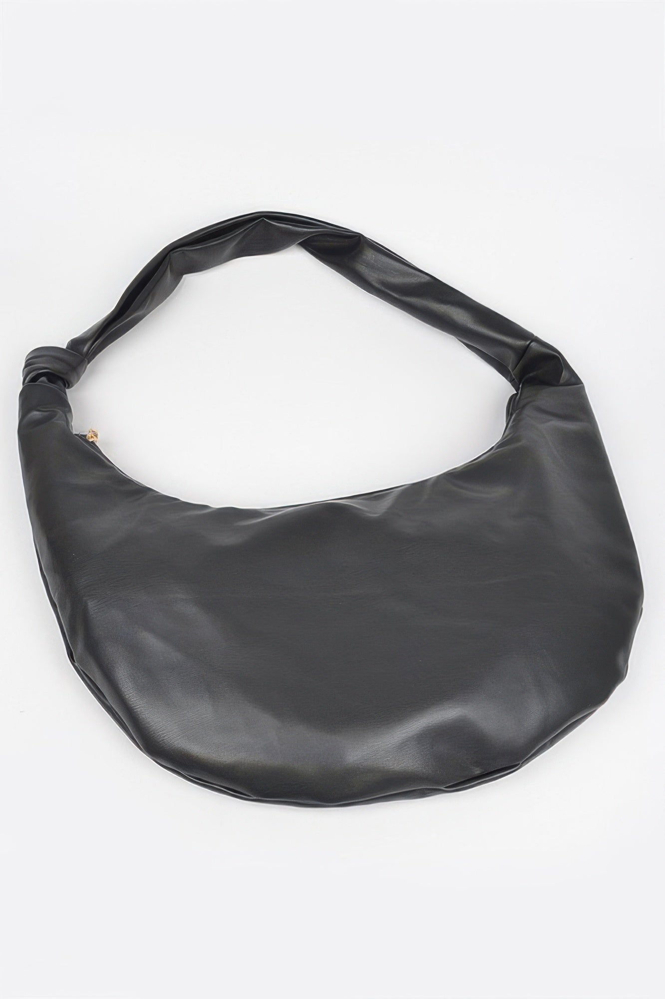 Black faux leather hobo bag, ruched top opening with knotted handle detail