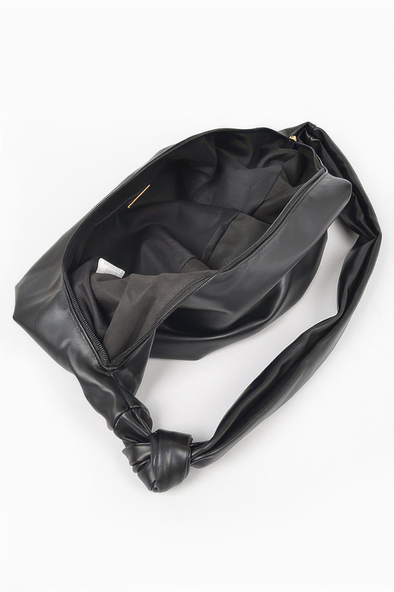 Black faux leather hobo bag with interior zip pocket, wide open top