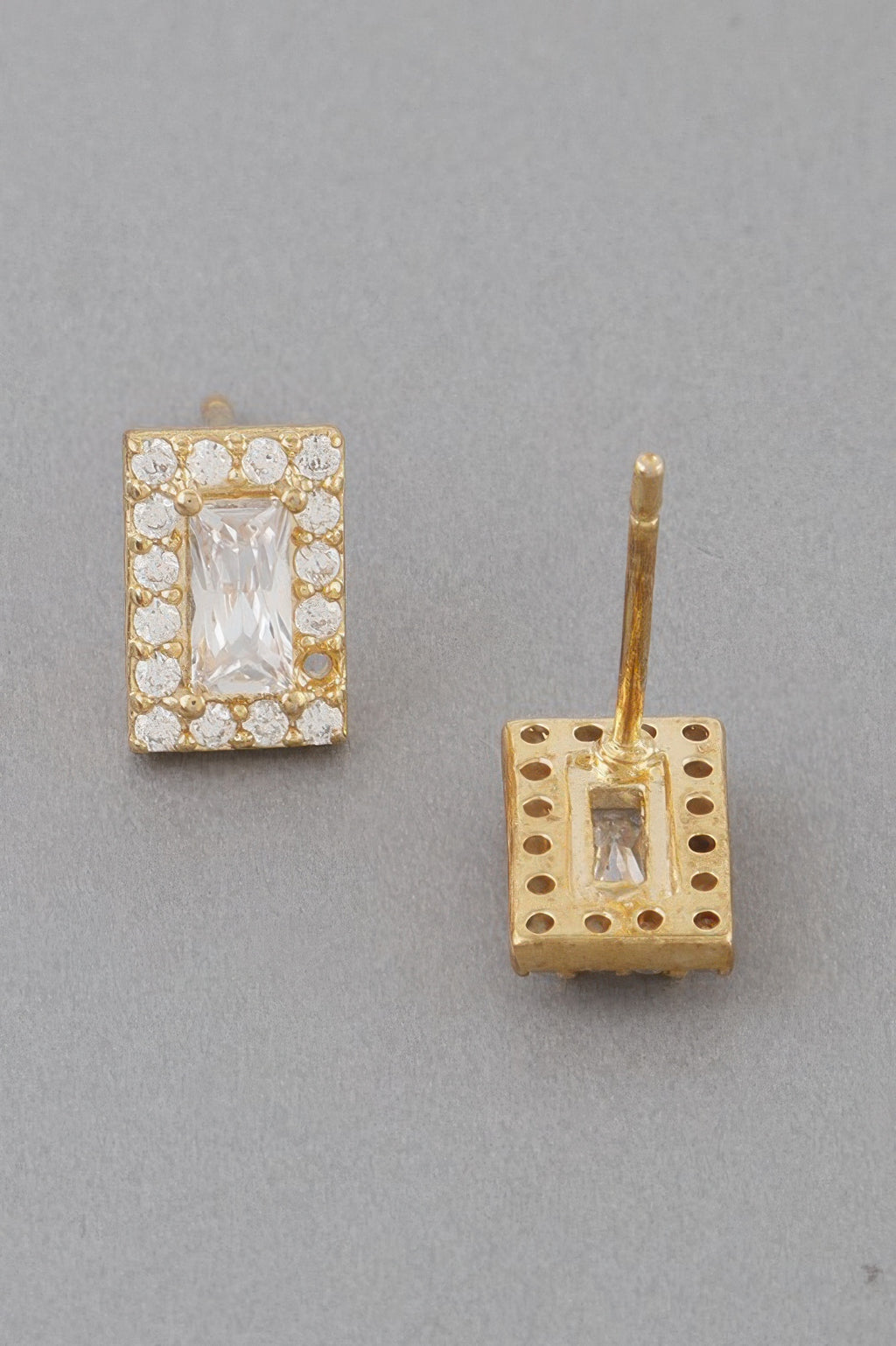 Gold square rhinestone stud earring, back post with openwork square base