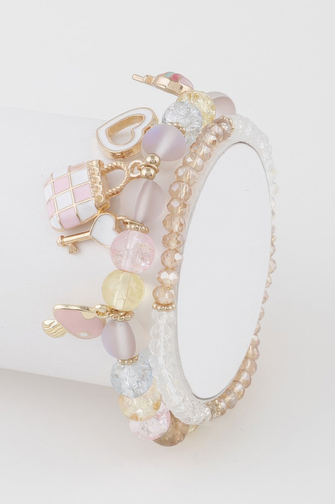 Sweet Charms bead bracelet with pink and gold multicolor charms and faceted beads