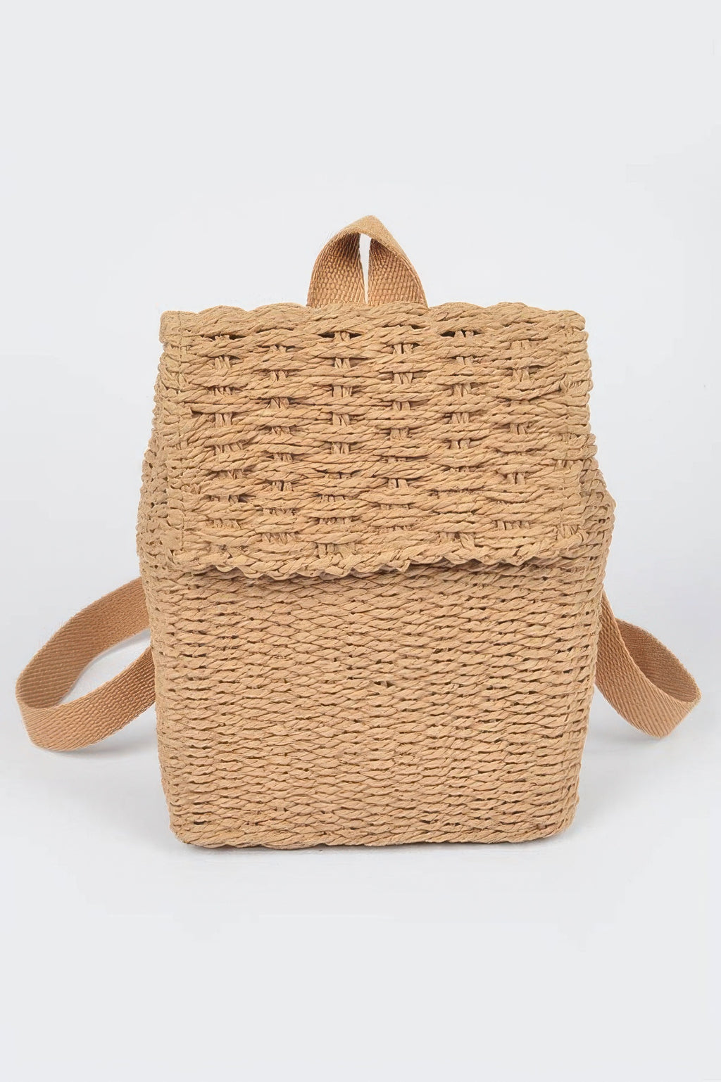 Khaki woven cotton mini backpack with top handle and side strap