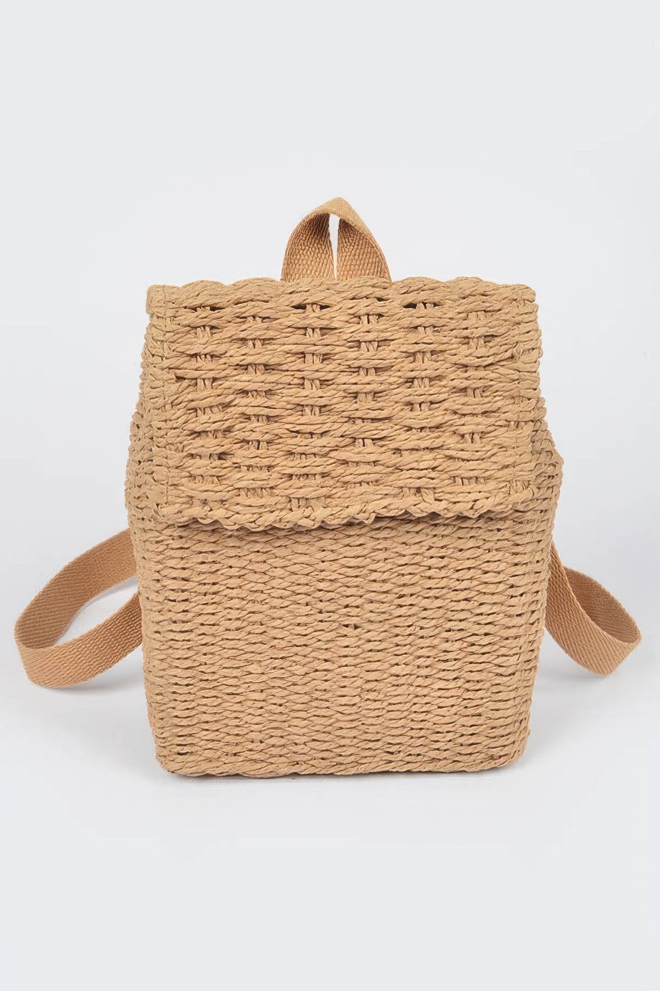 Khaki woven cotton mini backpack with top handle and side strap
