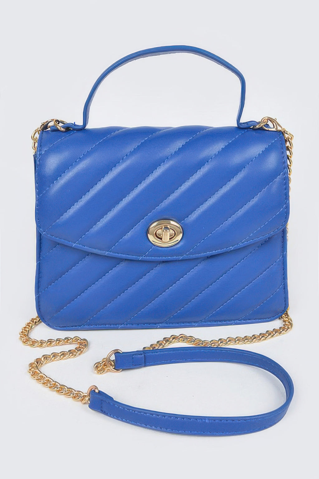 Quilted top handle flap bag, cobalt blue, gold-tone clasp and chain strap