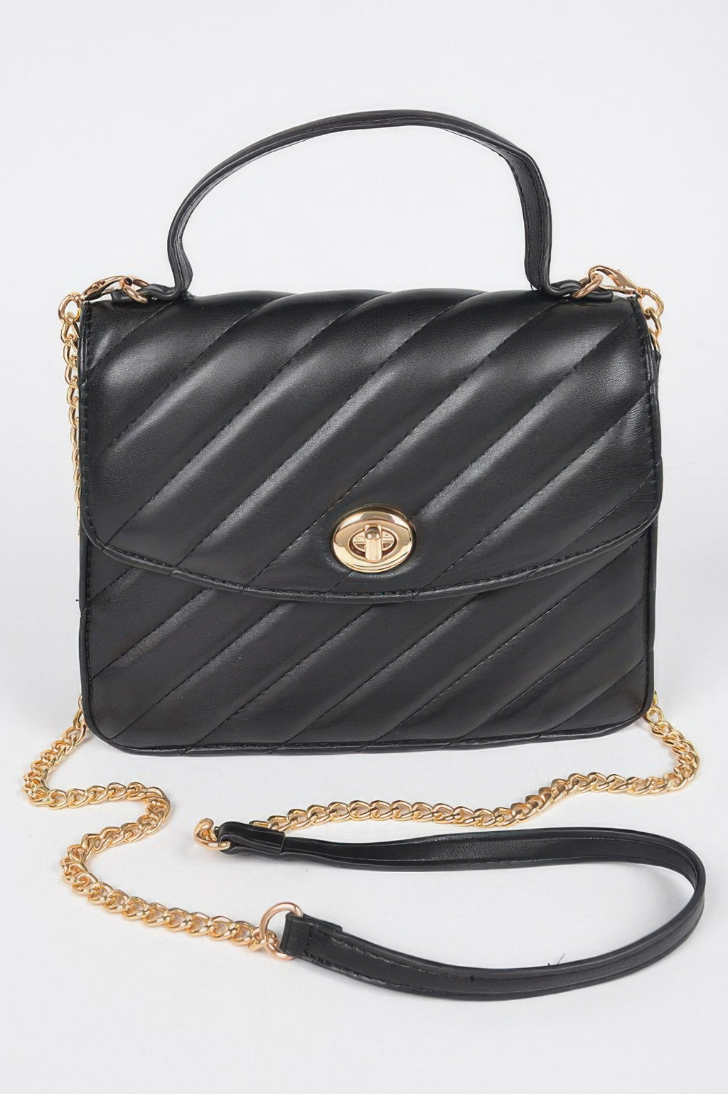 Quilted top handle flap bag, black with gold-tone clasp and chain shoulder strap