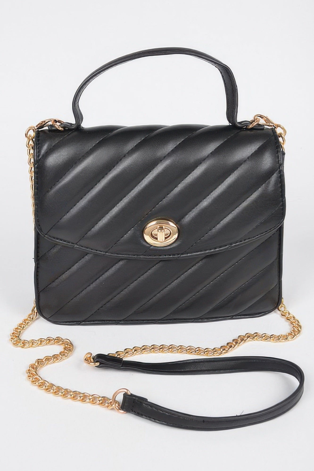 Quilted top handle flap bag, black with gold-tone clasp and chain shoulder strap