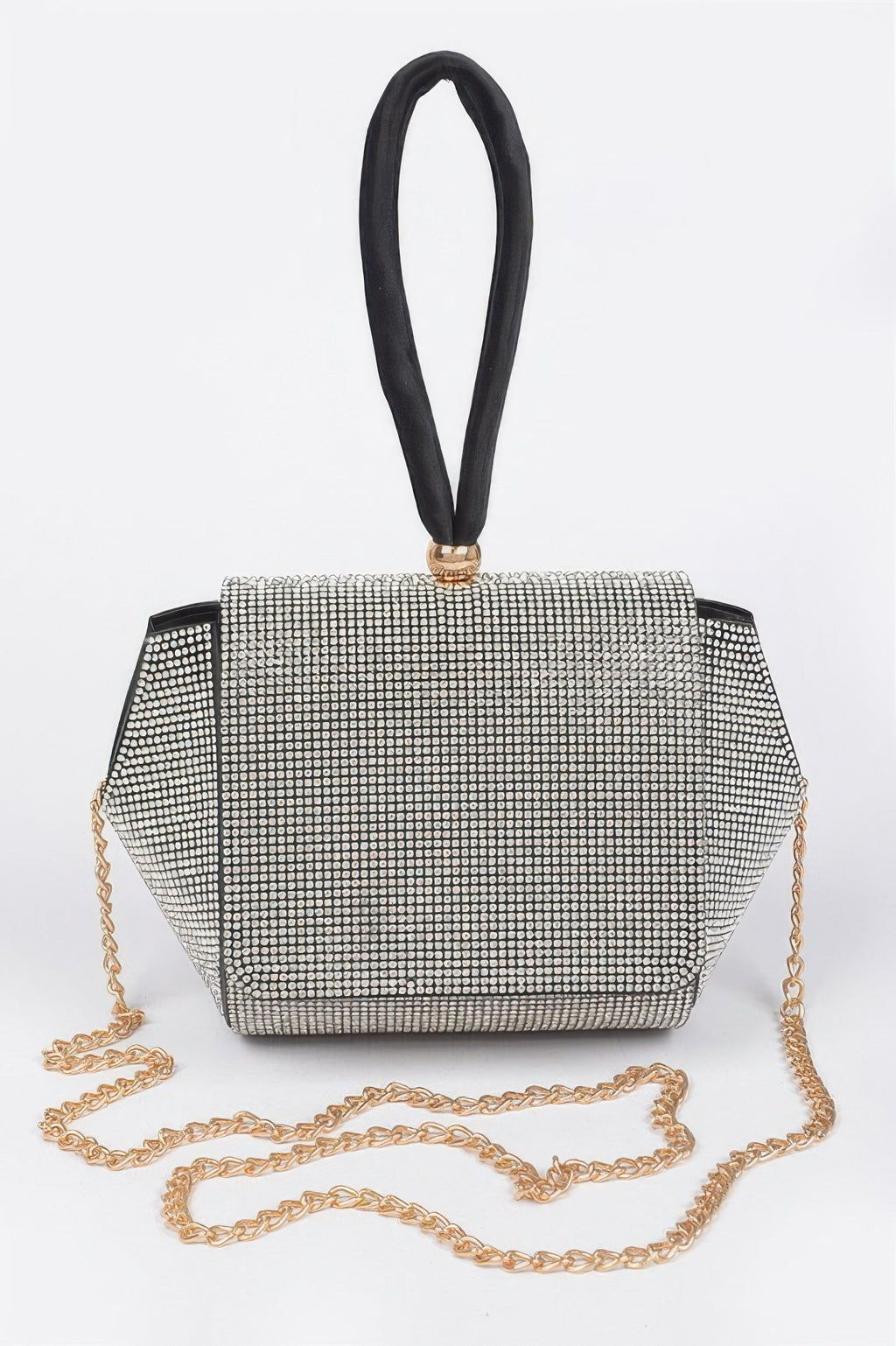 Rhinestone flap clutch, black wrist strap, clear stones, gold chain