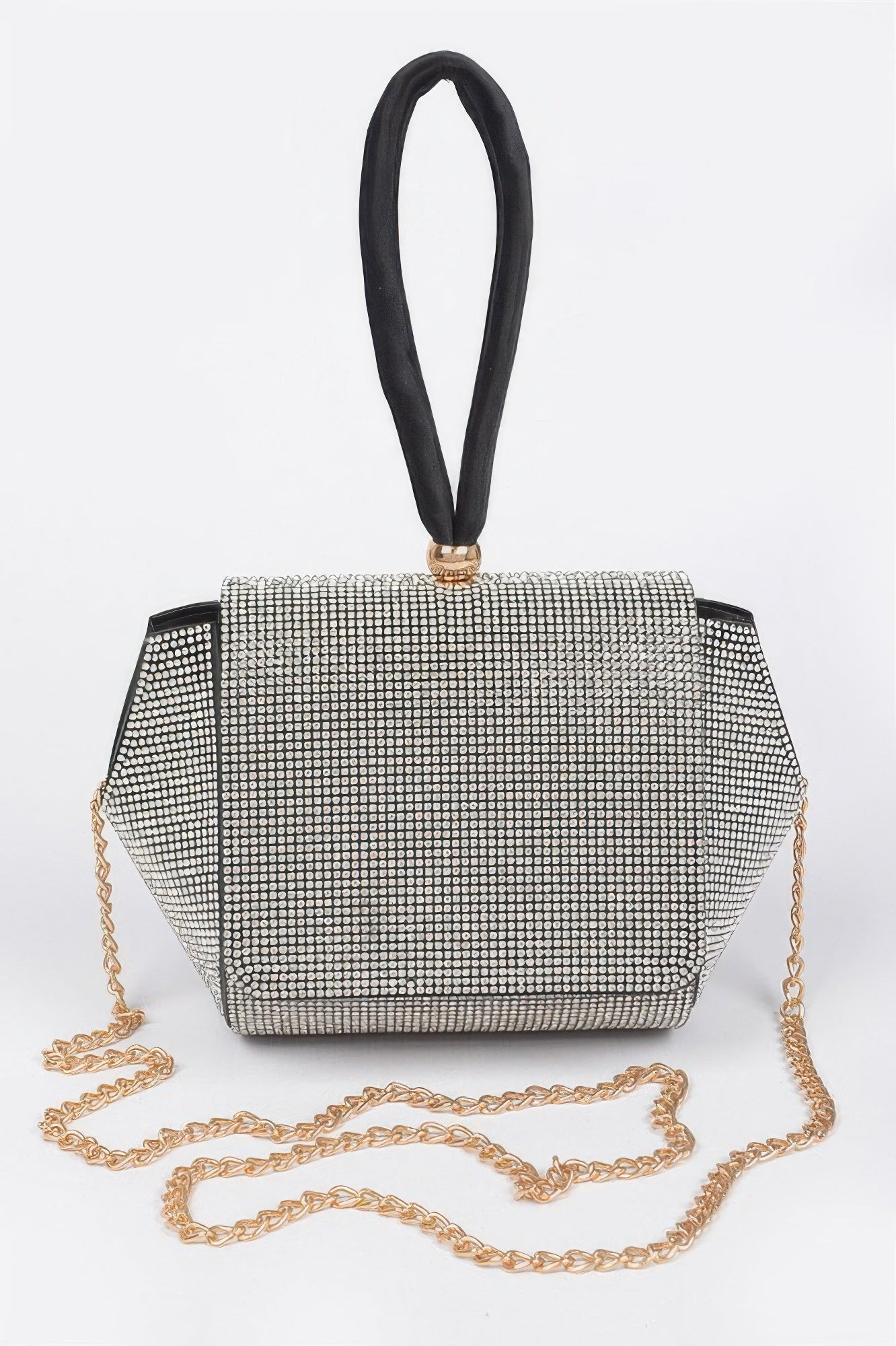 Rhinestone flap clutch, black wrist strap, clear stones, gold chain