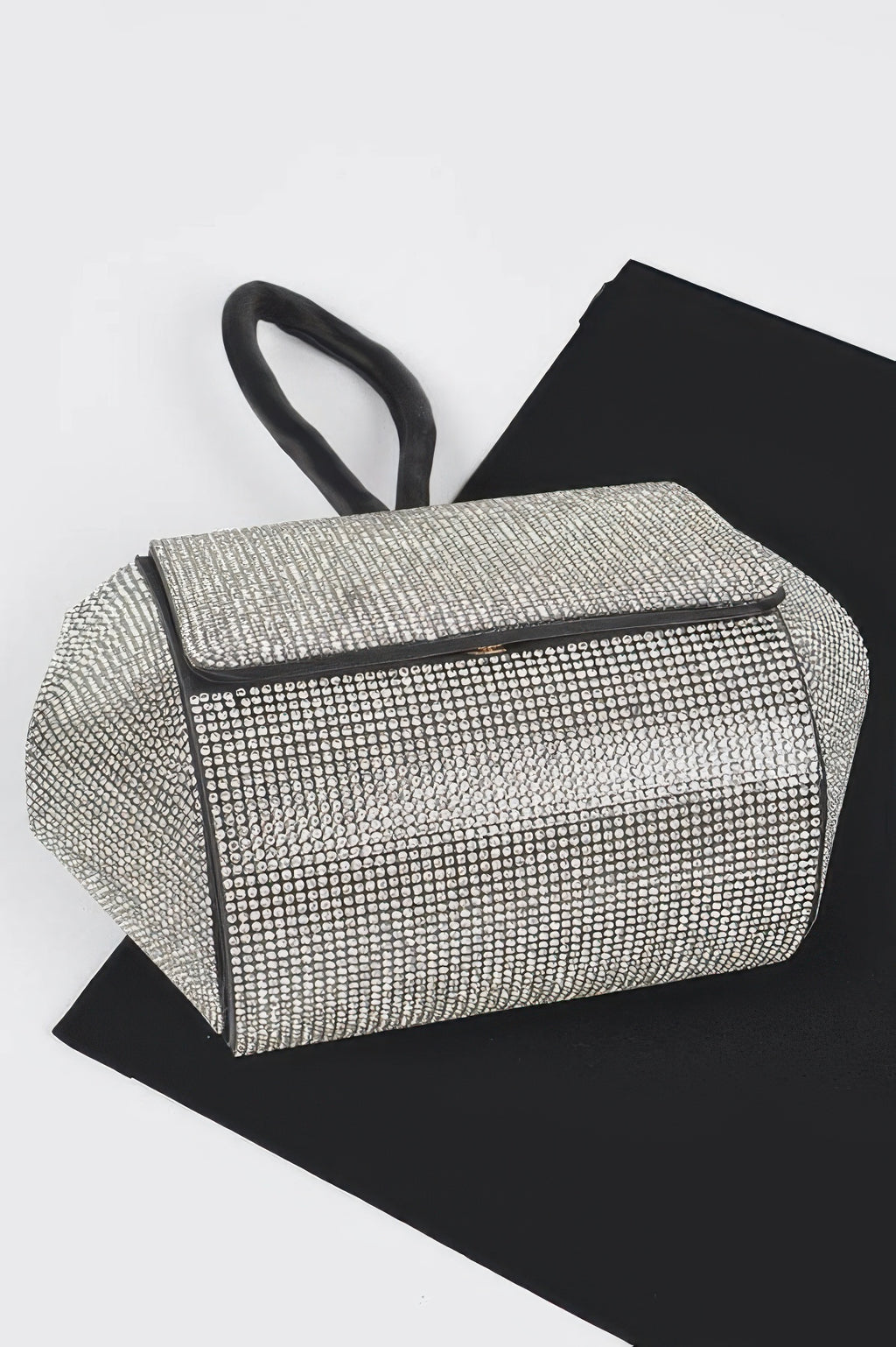 Rhinestone rectangular clutch with hinged flap and black handle