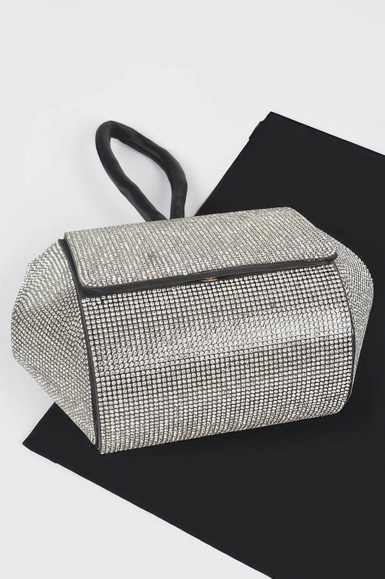 Rhinestone rectangular clutch with hinged flap and black handle