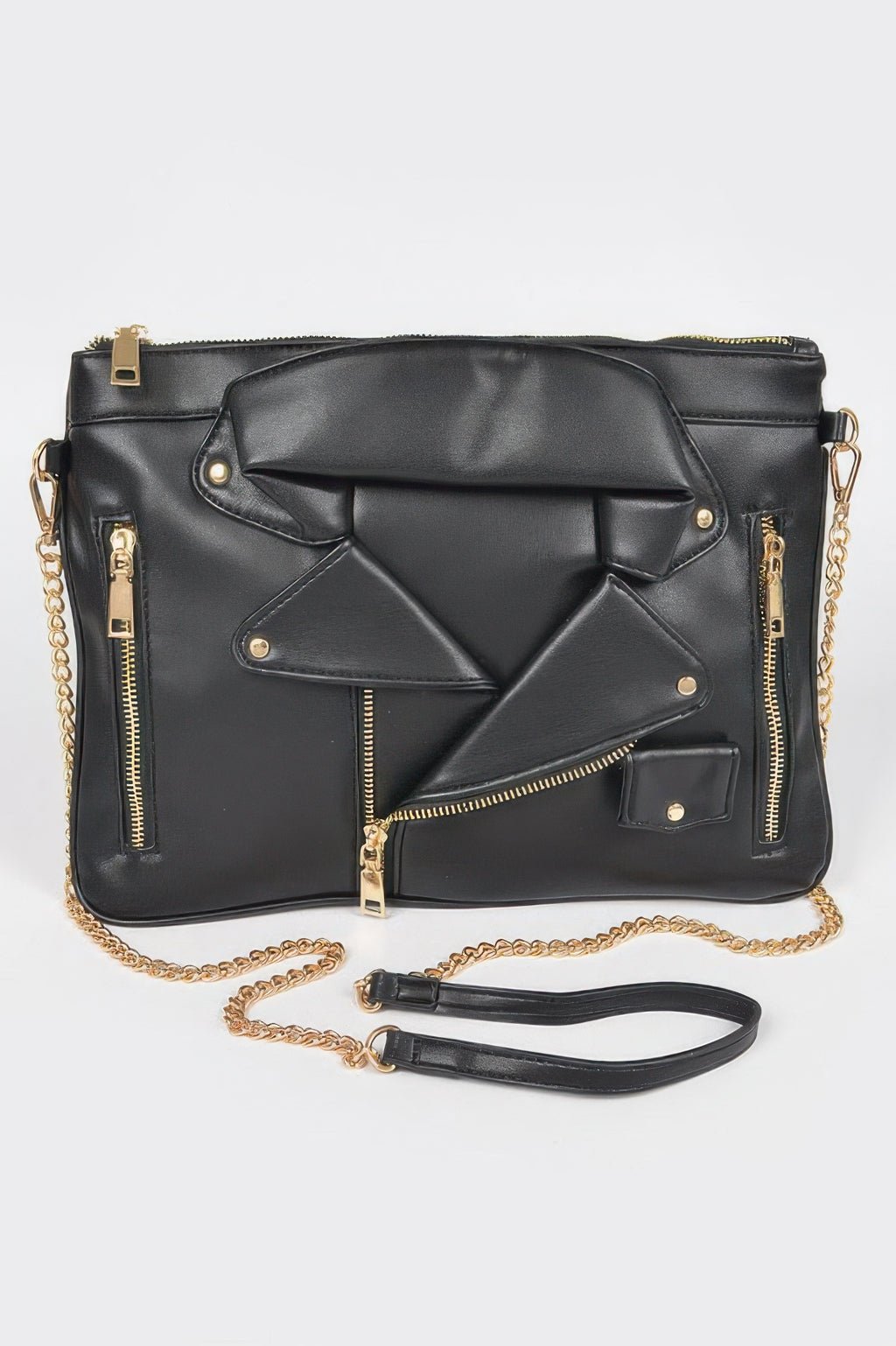 Faux leather novelty bag, black with gold hardware, front flap and chain strap