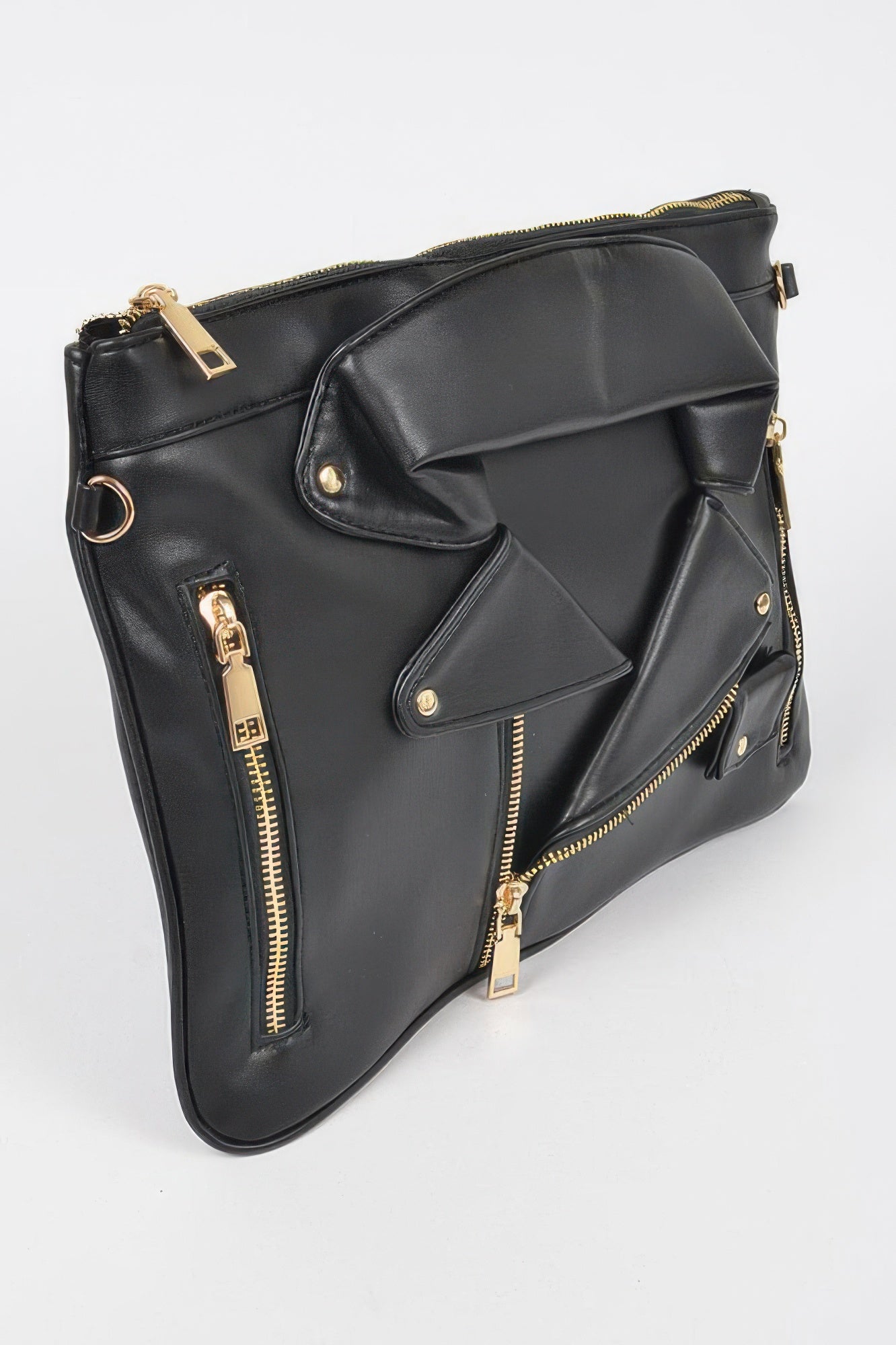 Black faux leather novelty bag, angled view with flap, gold zippers and chain
