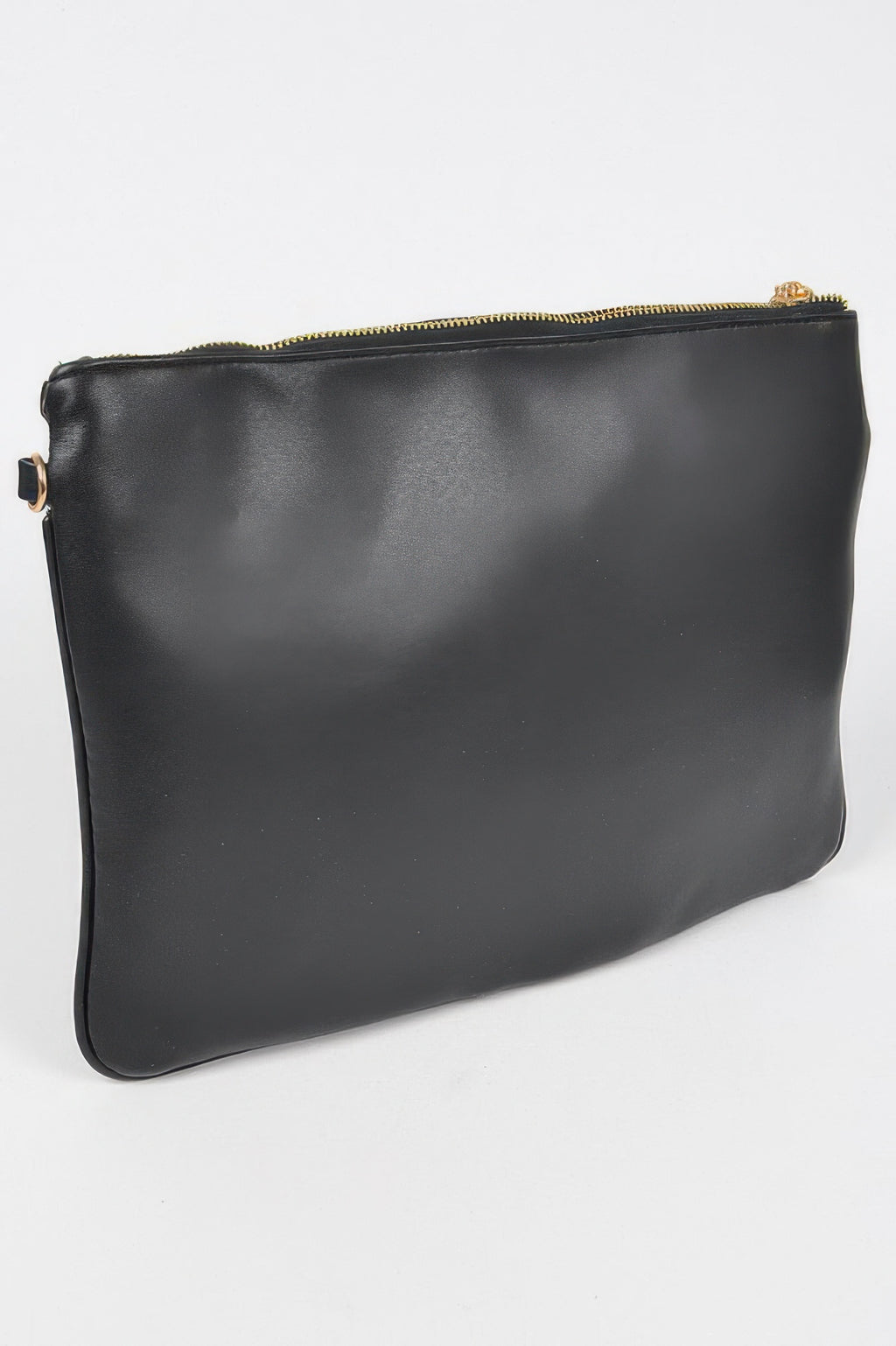 Black faux leather clutch bag with top zip, smooth front panel and gold zipper
