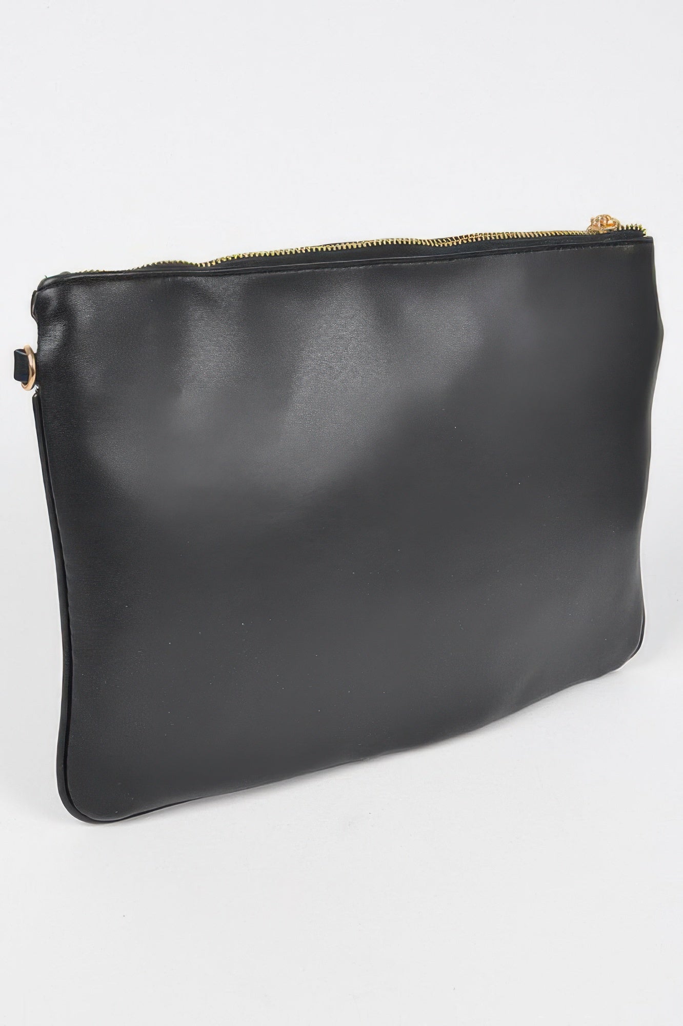 Black faux leather clutch bag with top zip, smooth front panel and gold zipper