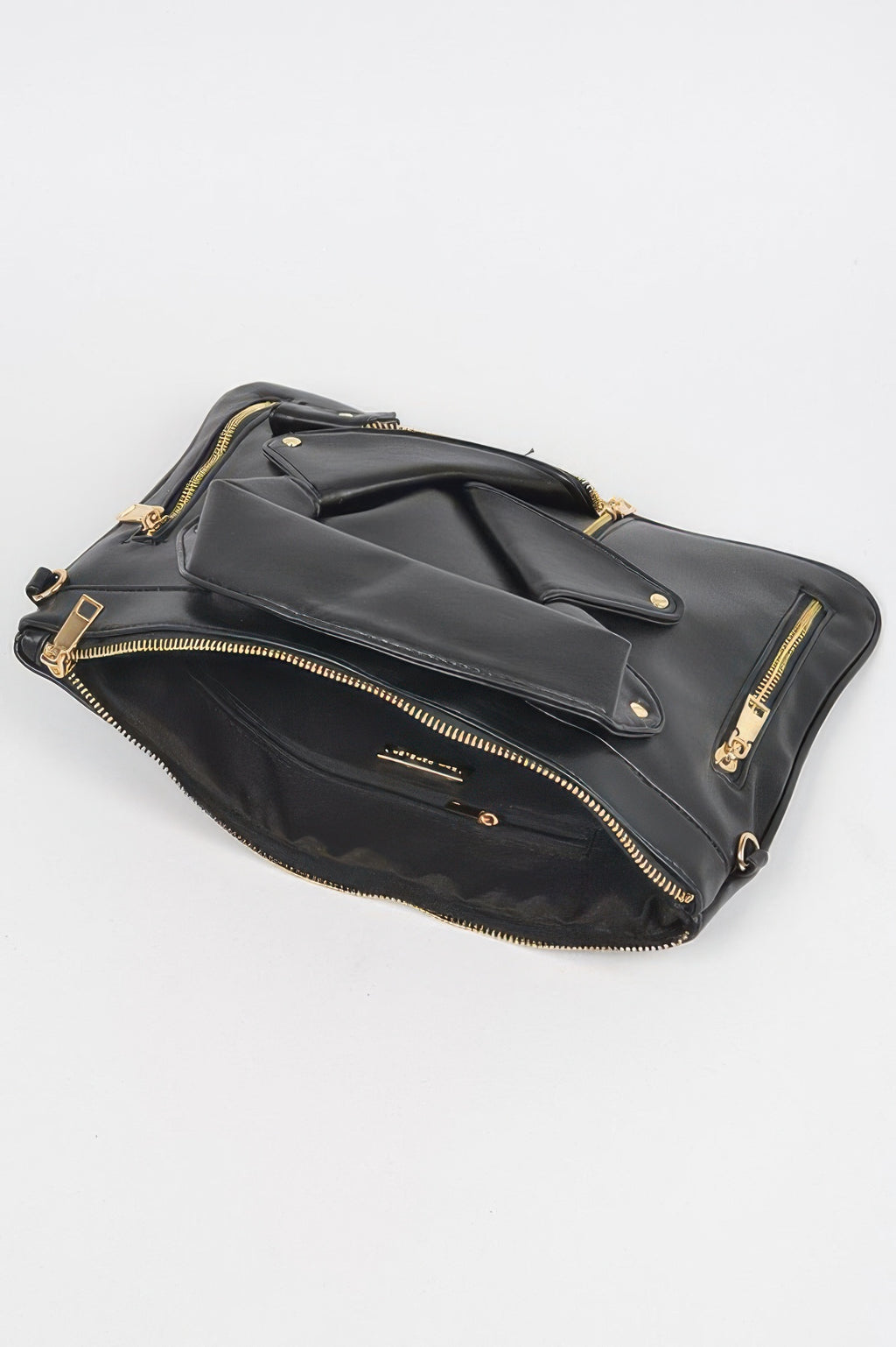 Black faux leather novelty bag, side view with chain strap and gold zipper edges