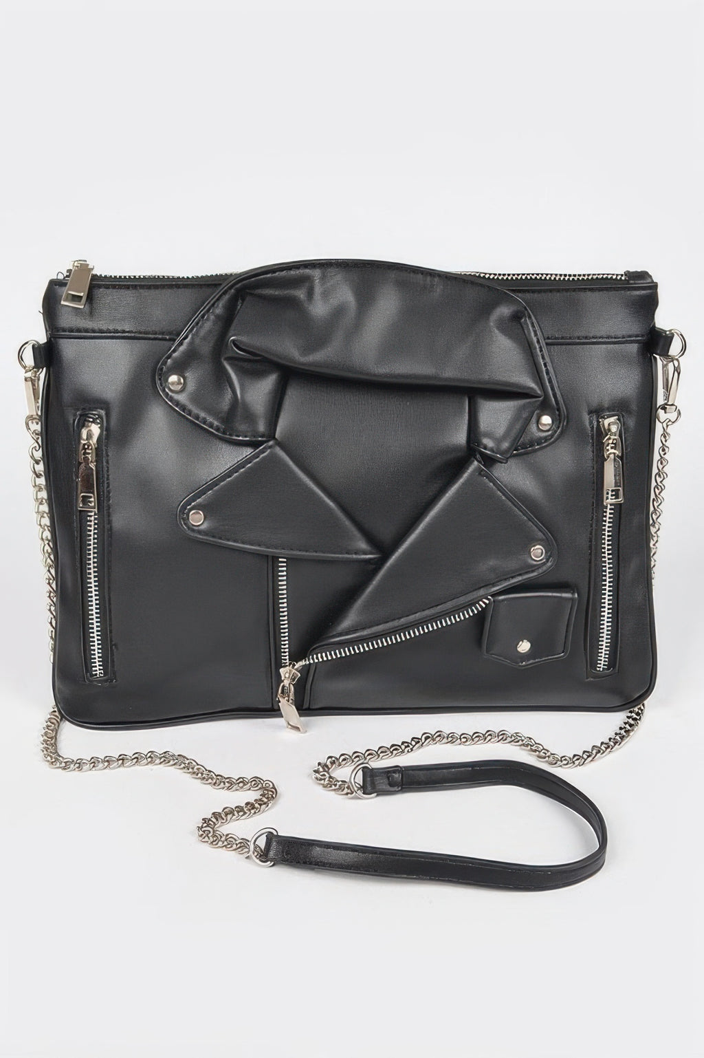 Faux leather novelty bag, black with gold hardware, front details and crossbody strap