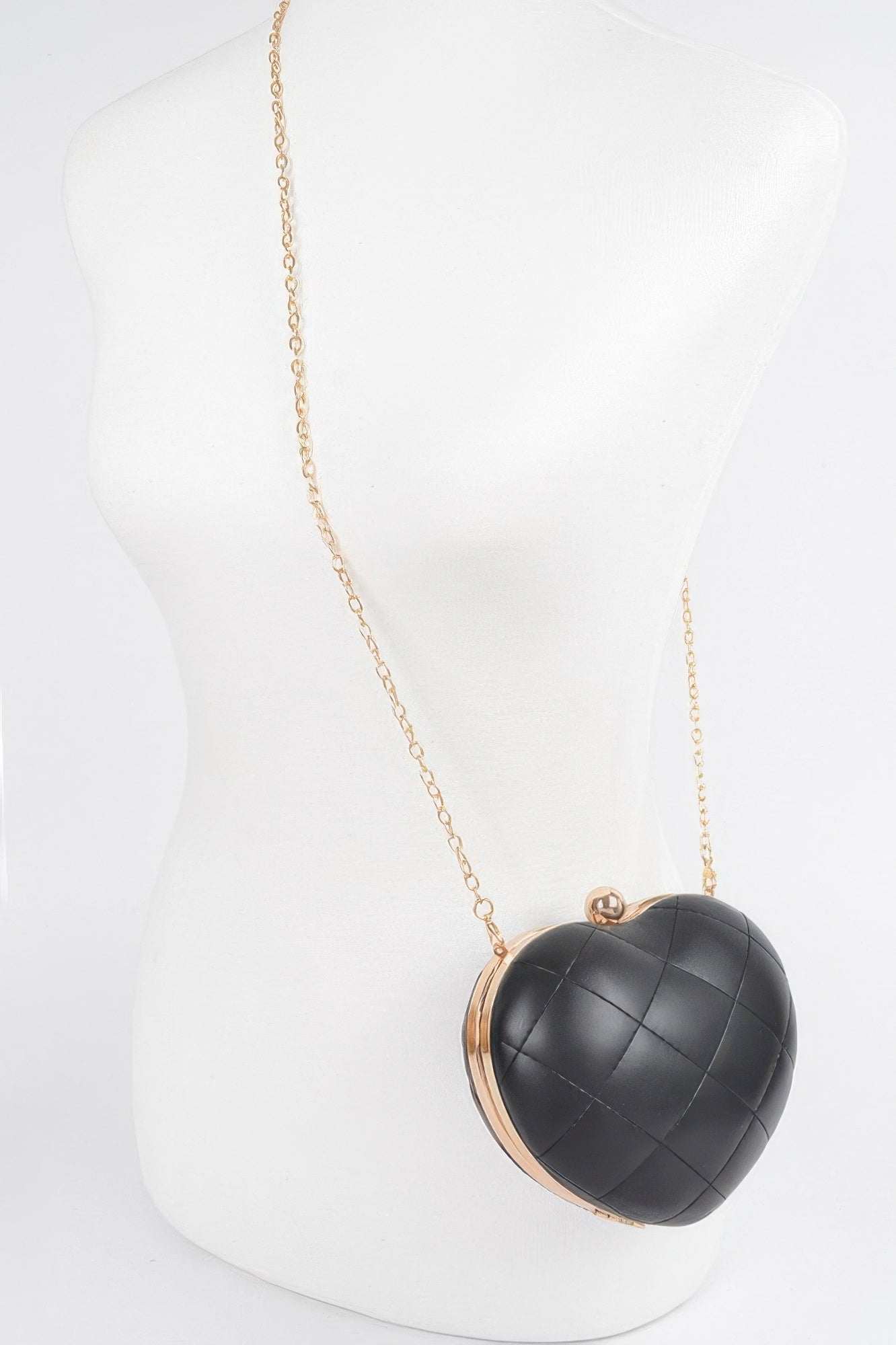 Quilted heart crossbody bag, black with gold chain strap and heart-shaped clasp