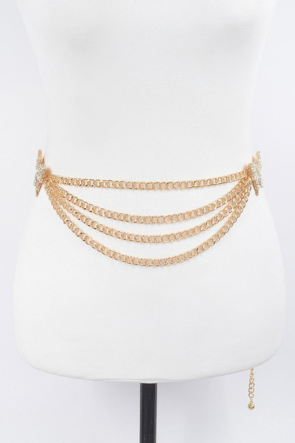 Butterfly buckle layered gold chain belt with multiple draped rows