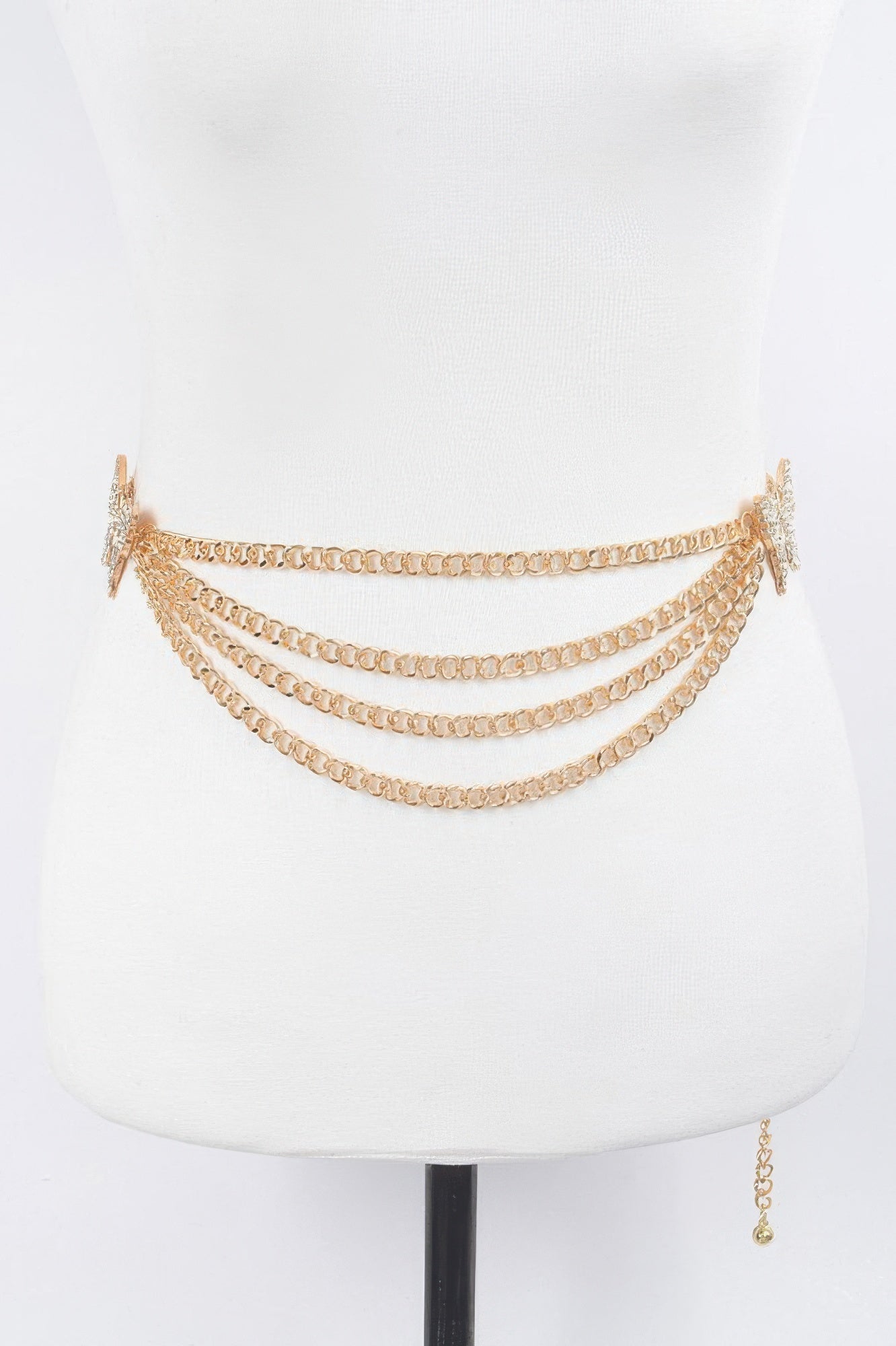 Butterfly buckle layered gold chain belt with multiple draped rows