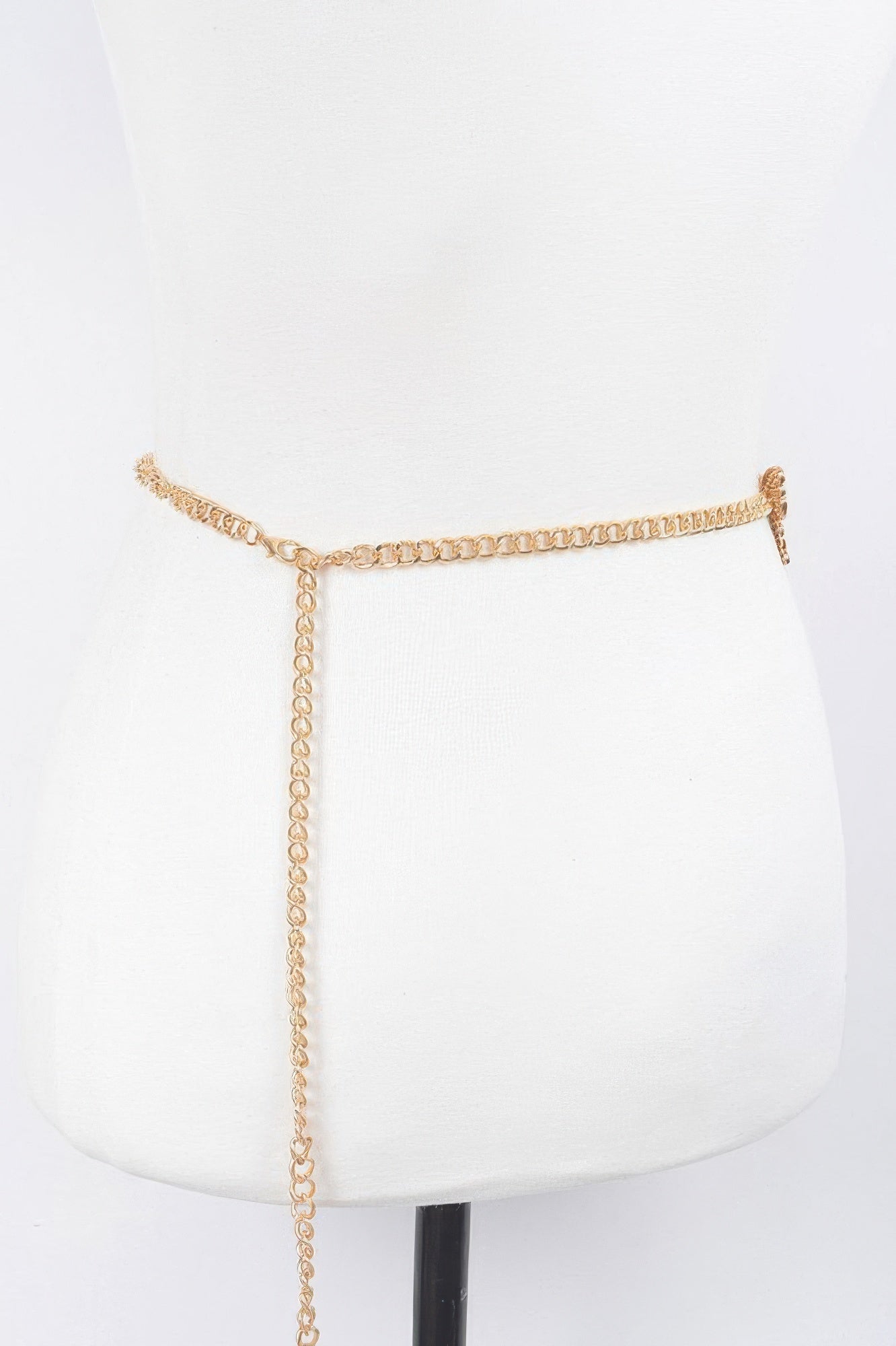 Gold chain belt with long dangling chain tassel and clasp buckle