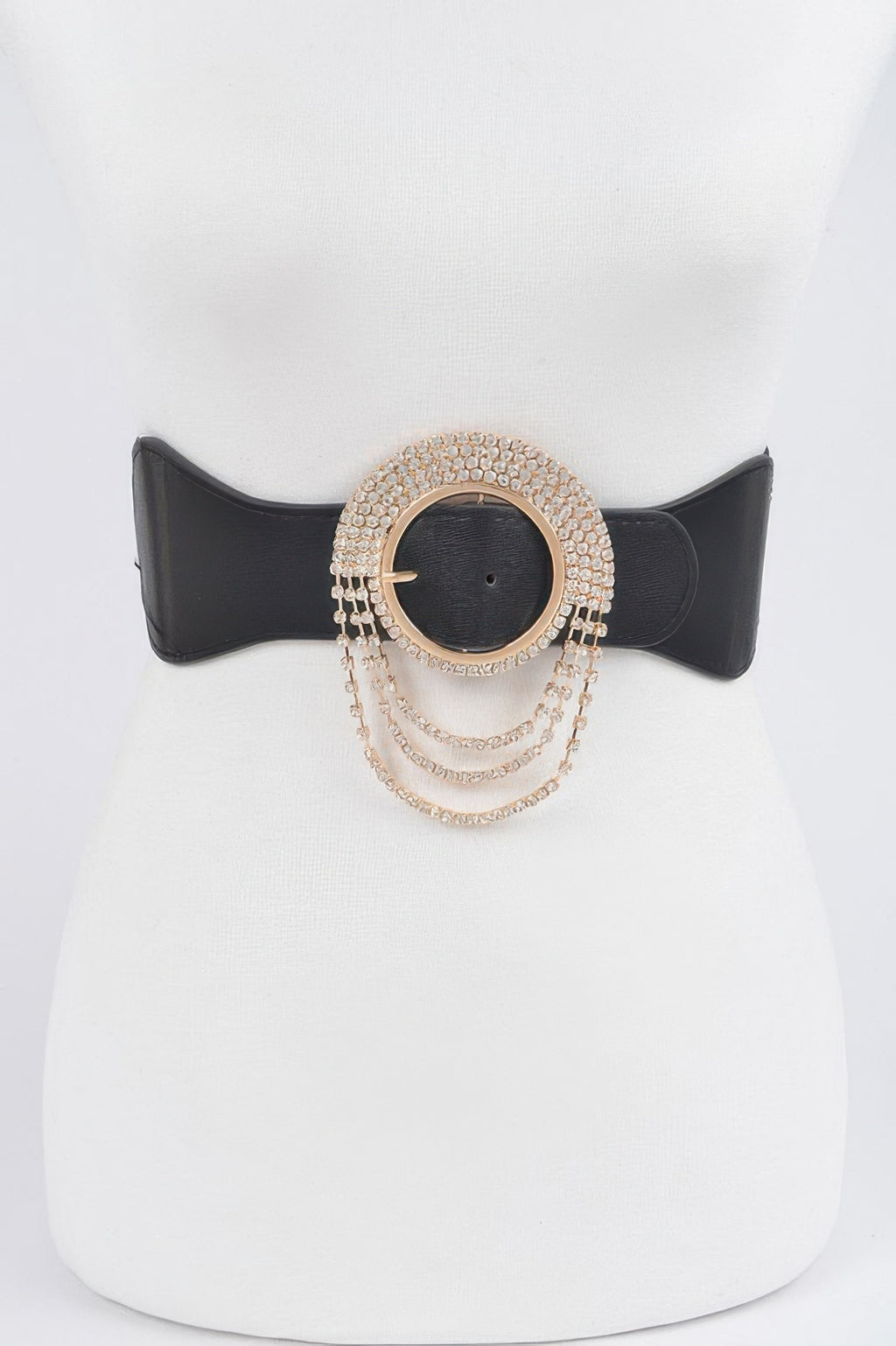 Layered rhinestone buckle elastic belt, black with gold-toned round crystal buckle