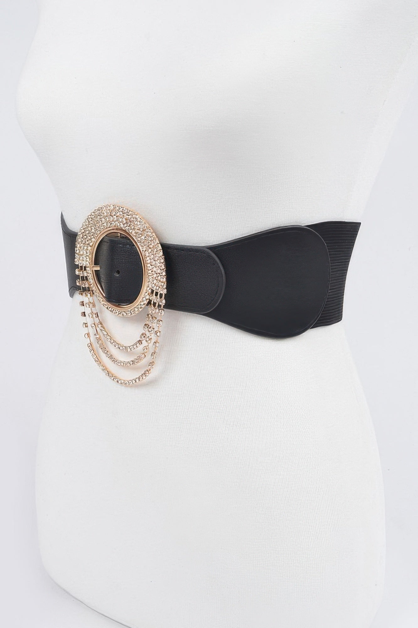 Black elastic waist belt with round rhinestone buckle and dangling chain tiers