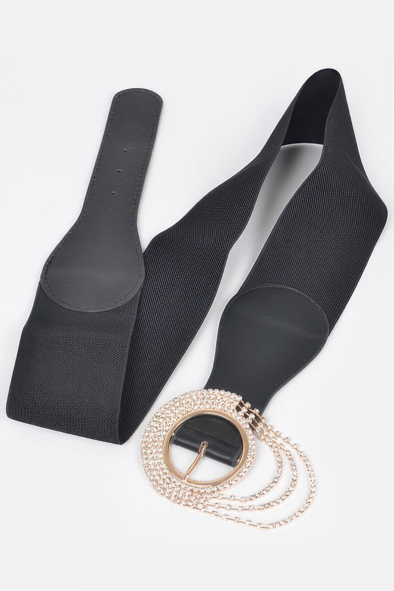 Black elastic belt with gold-toned rhinestone buckle and hanging chain fringe