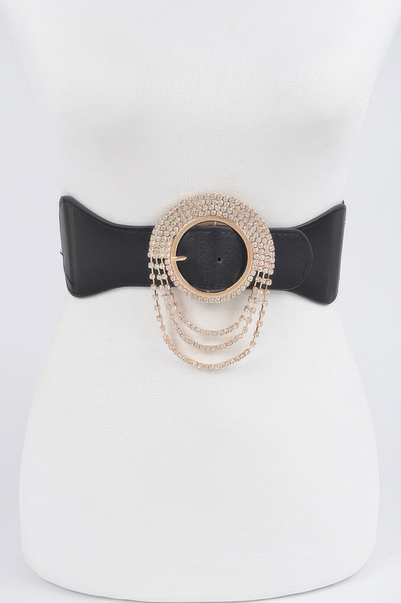 Black elastic belt with rhinestone buckle ring and layered dangling chains