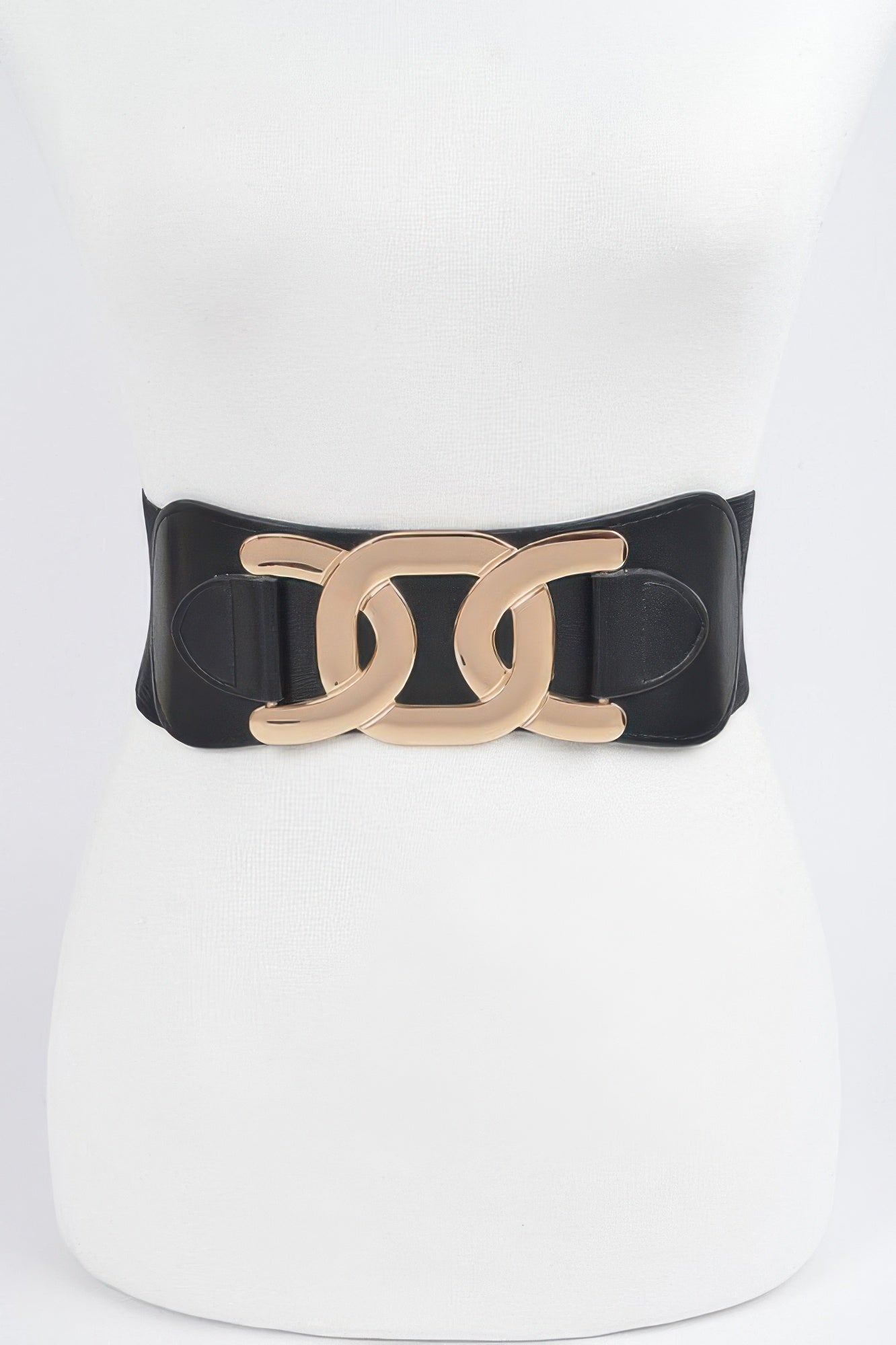 Black elastic belt with wide strap and gold-tone metal buckle