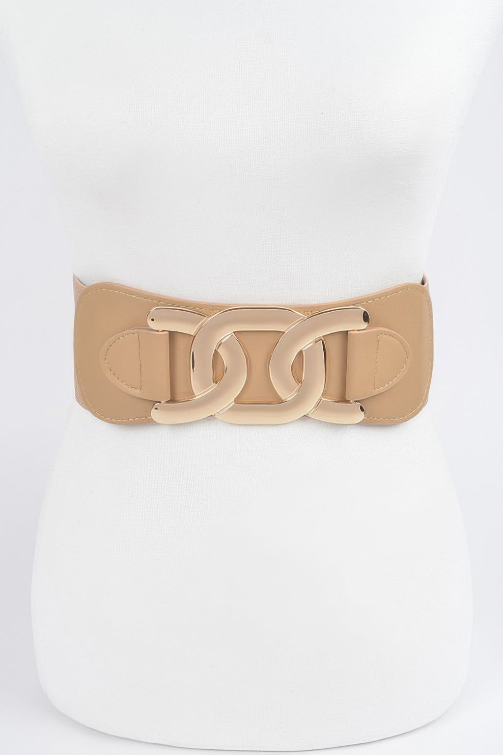 Nude elastic belt with chunky gold-tone buckle and rounded strap ends