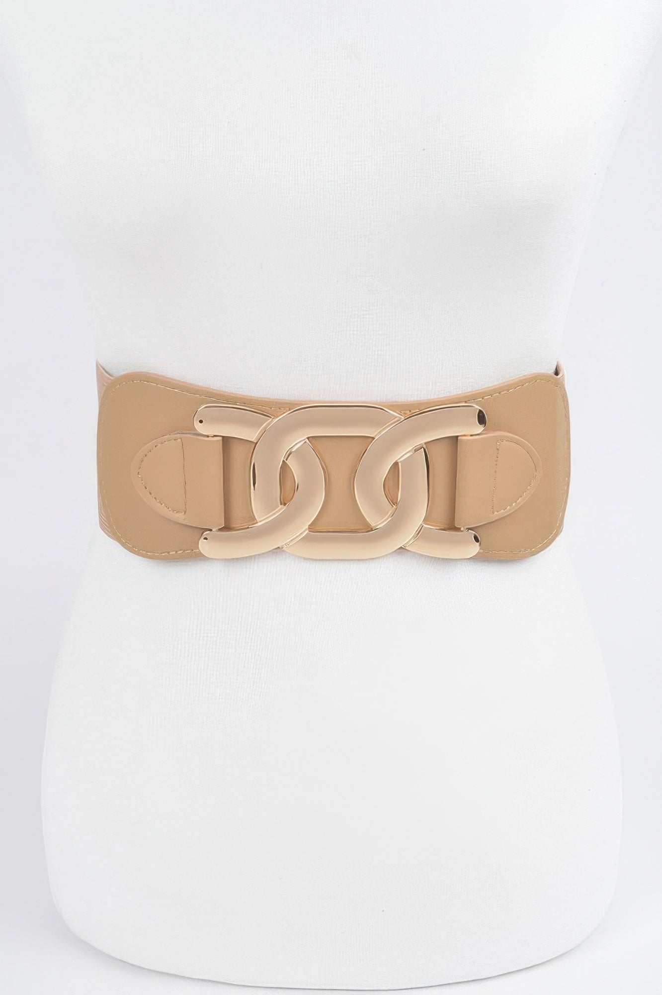 Nude elastic belt with chunky gold-tone buckle and rounded strap ends