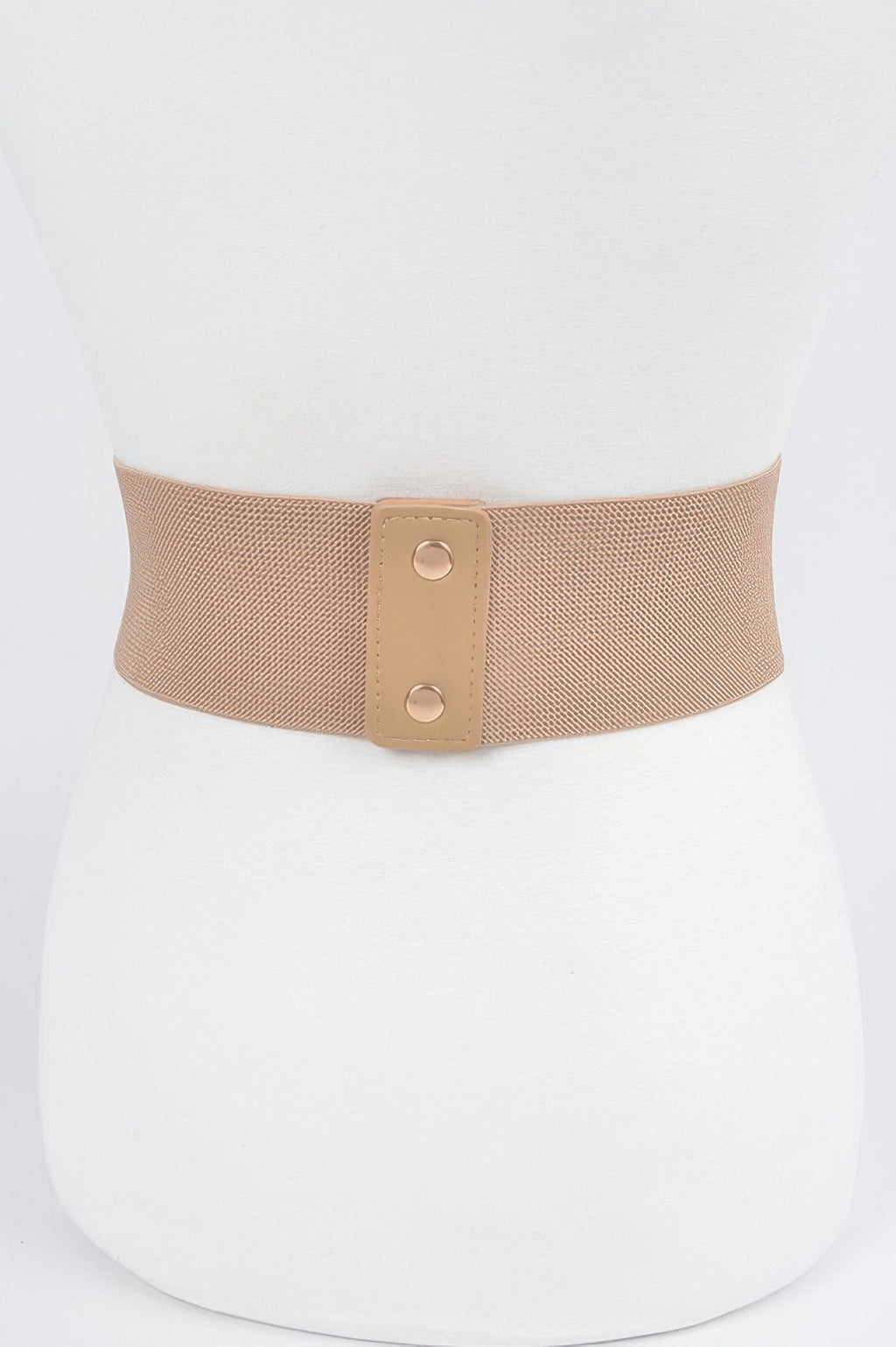 Nude stretch belt with two-snap closure on matching tan tab