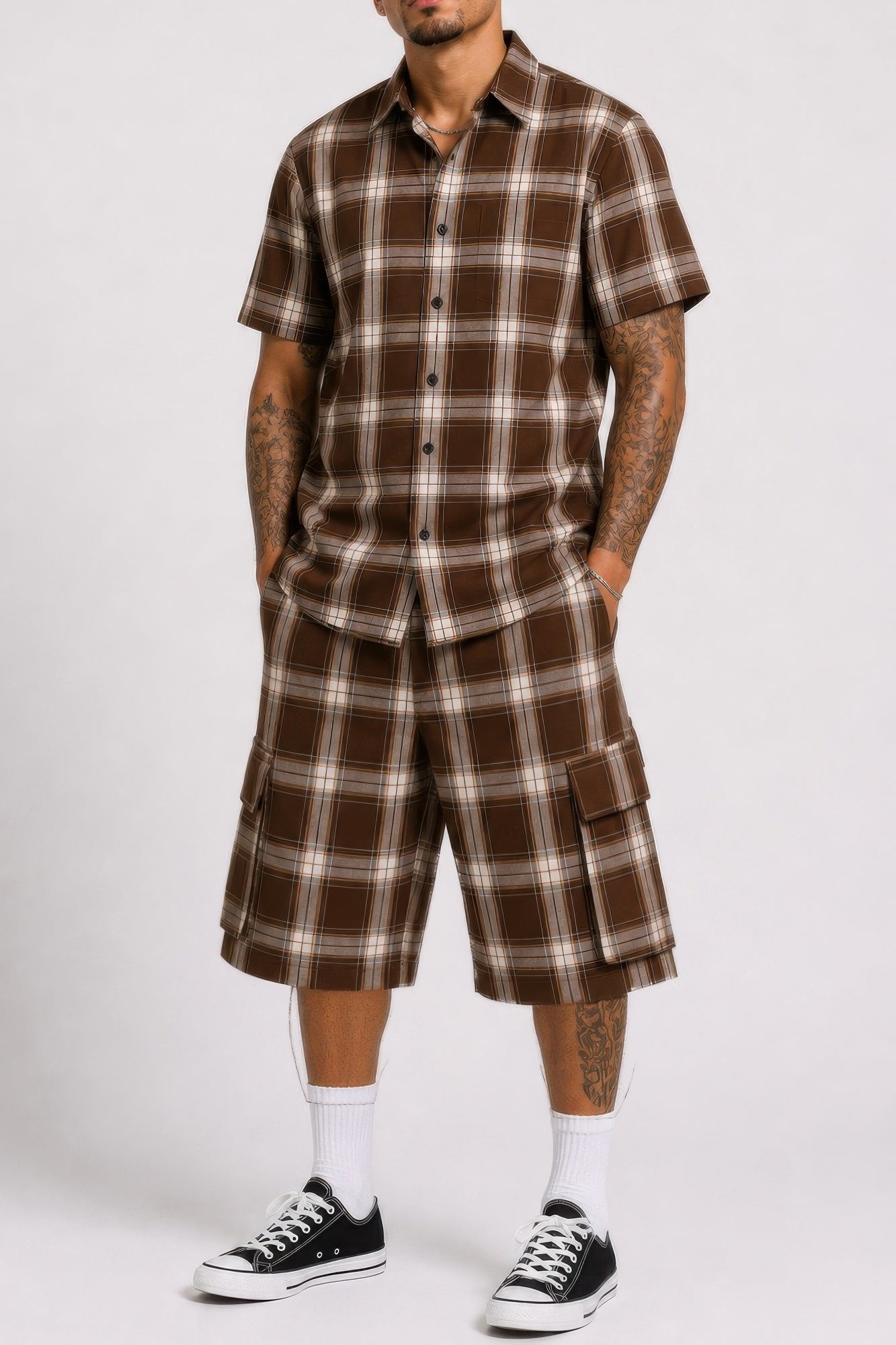 Mens Checkered Shirt And Cargo Shorts Set - Tigbul's Variety Fashion Shop