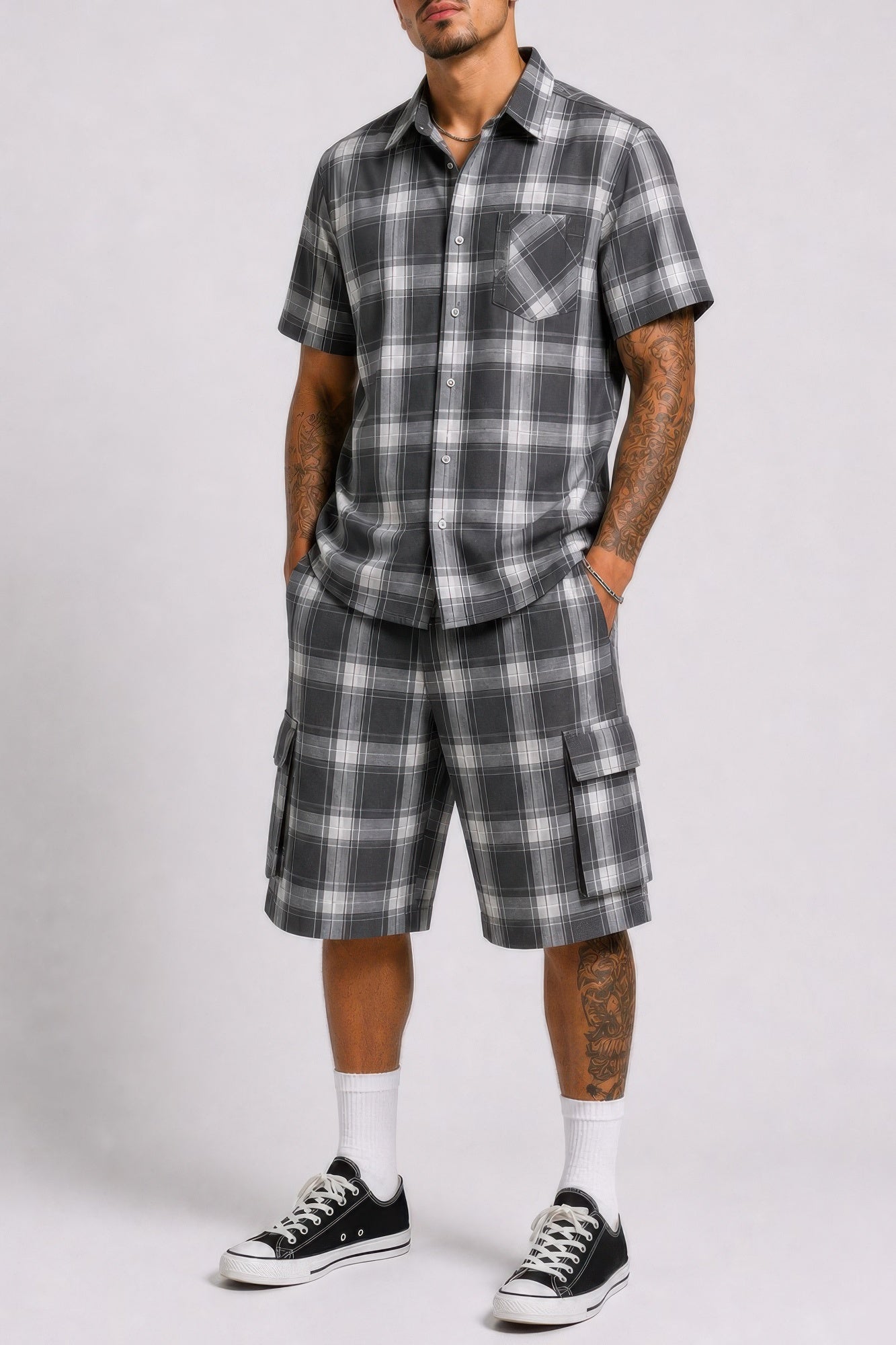 Mens Checkered Shirt And Cargo Shorts Set - Tigbul's Variety Fashion Shop