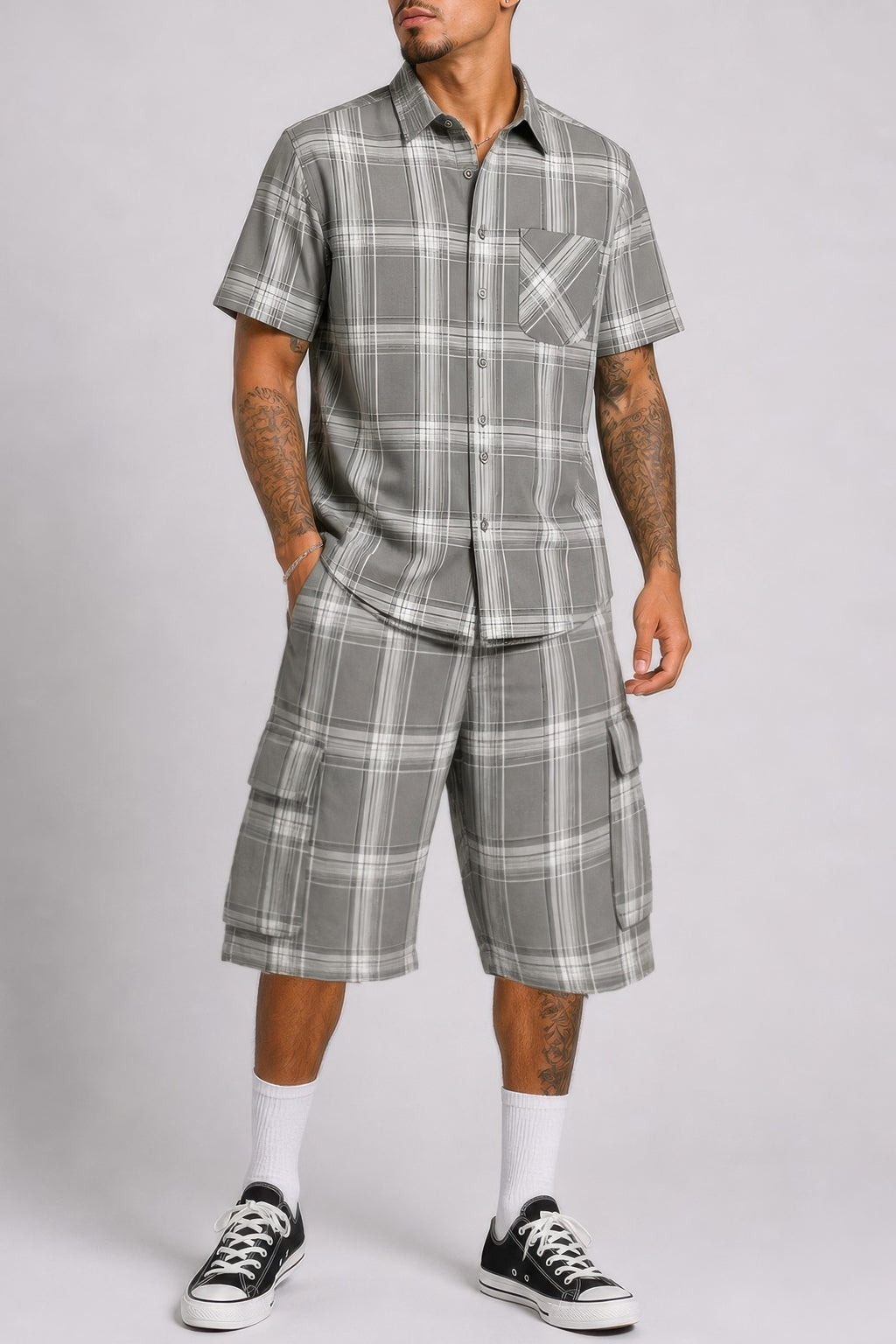Men's Checkered Shirt And Cargo Shorts Set - Tigbul's Variety Fashion Shop
